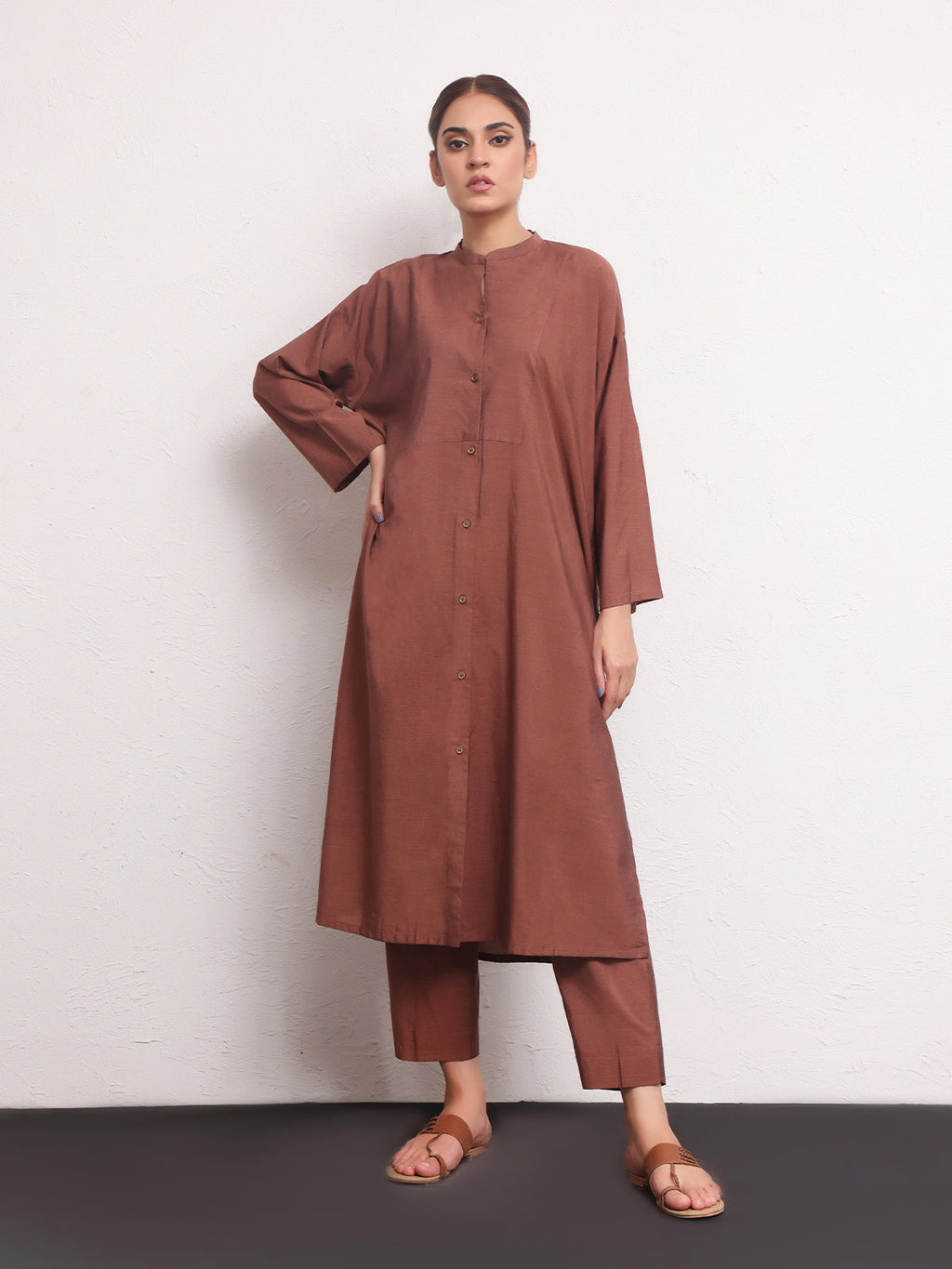 2Pc Solid Pret Shirt Trouser Yarn Dyed Brown - OW2PG-2306006