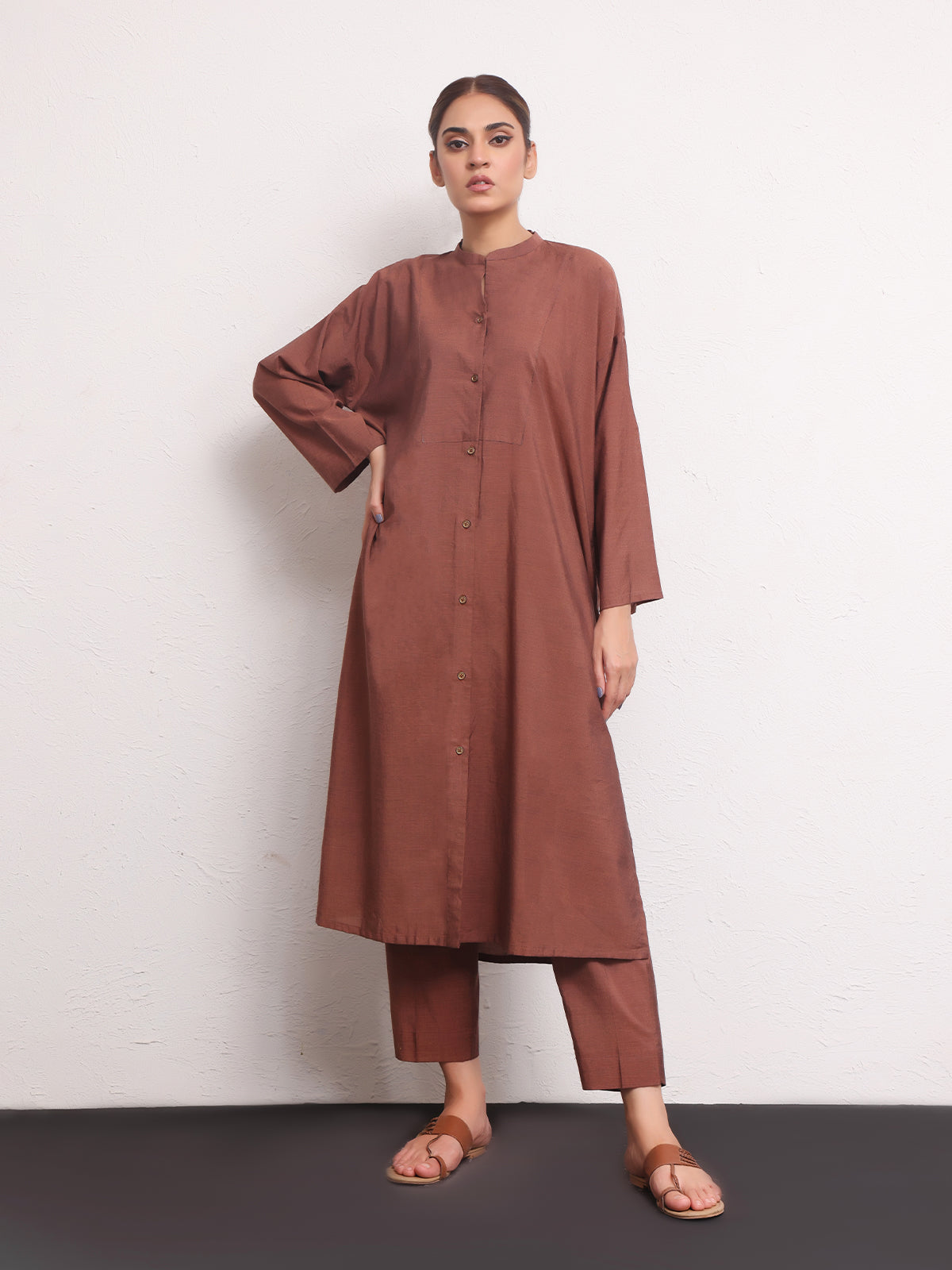 2Pc Solid Pret Shirt Trouser Yarn Dyed Brown - OW2PG-2306006