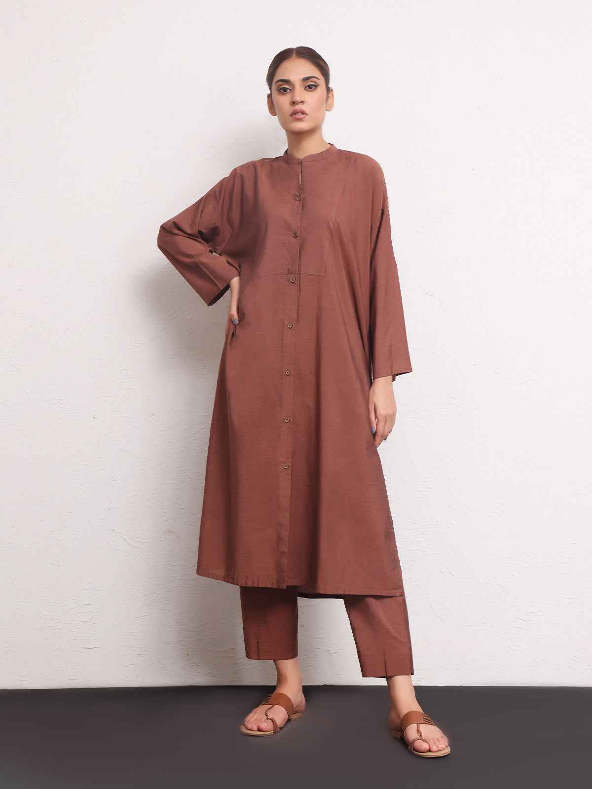 2Pc Solid Pret Shirt Trouser Yarn Dyed Brown - OW2PG-2306006