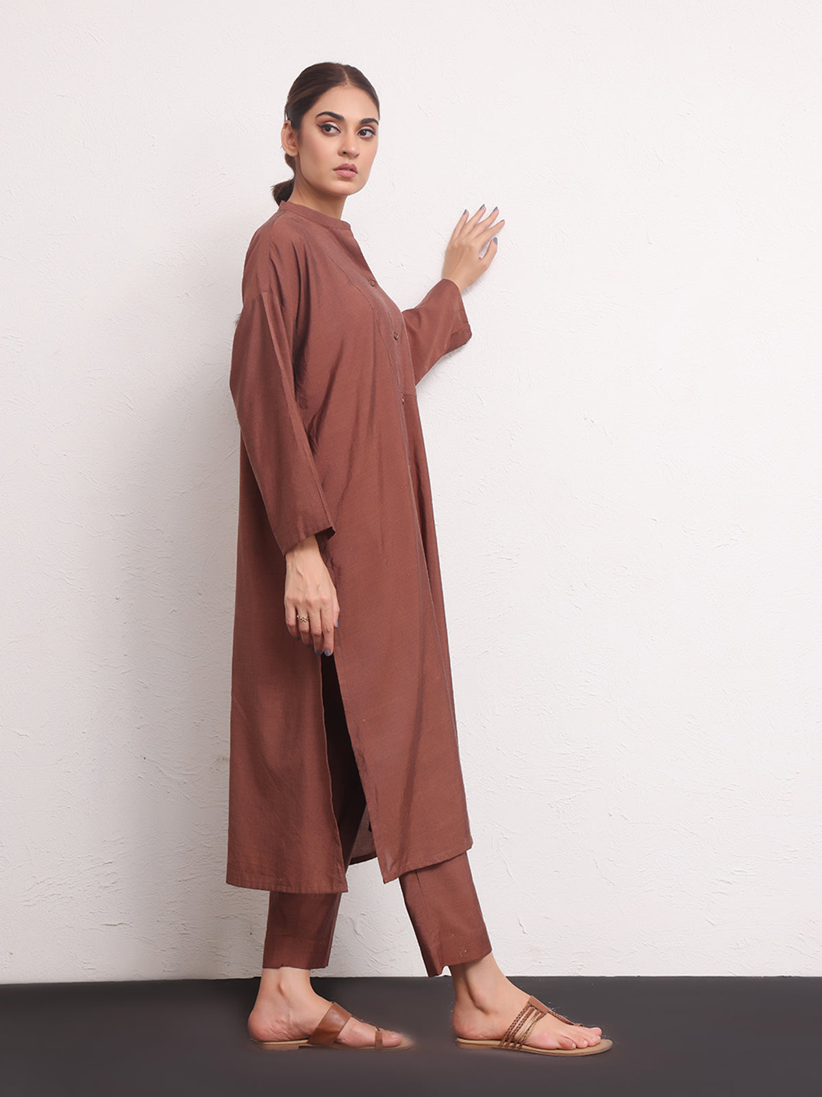 2Pc Solid Pret Shirt Trouser Yarn Dyed Brown - OW2PG-2306006