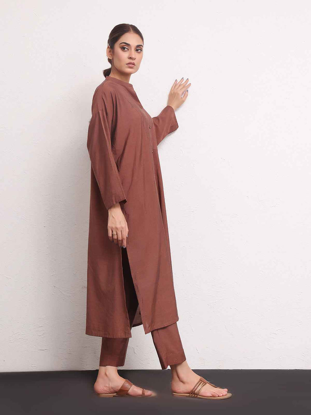 2Pc Solid Pret Shirt Trouser Yarn Dyed Brown - OW2PG-2306006