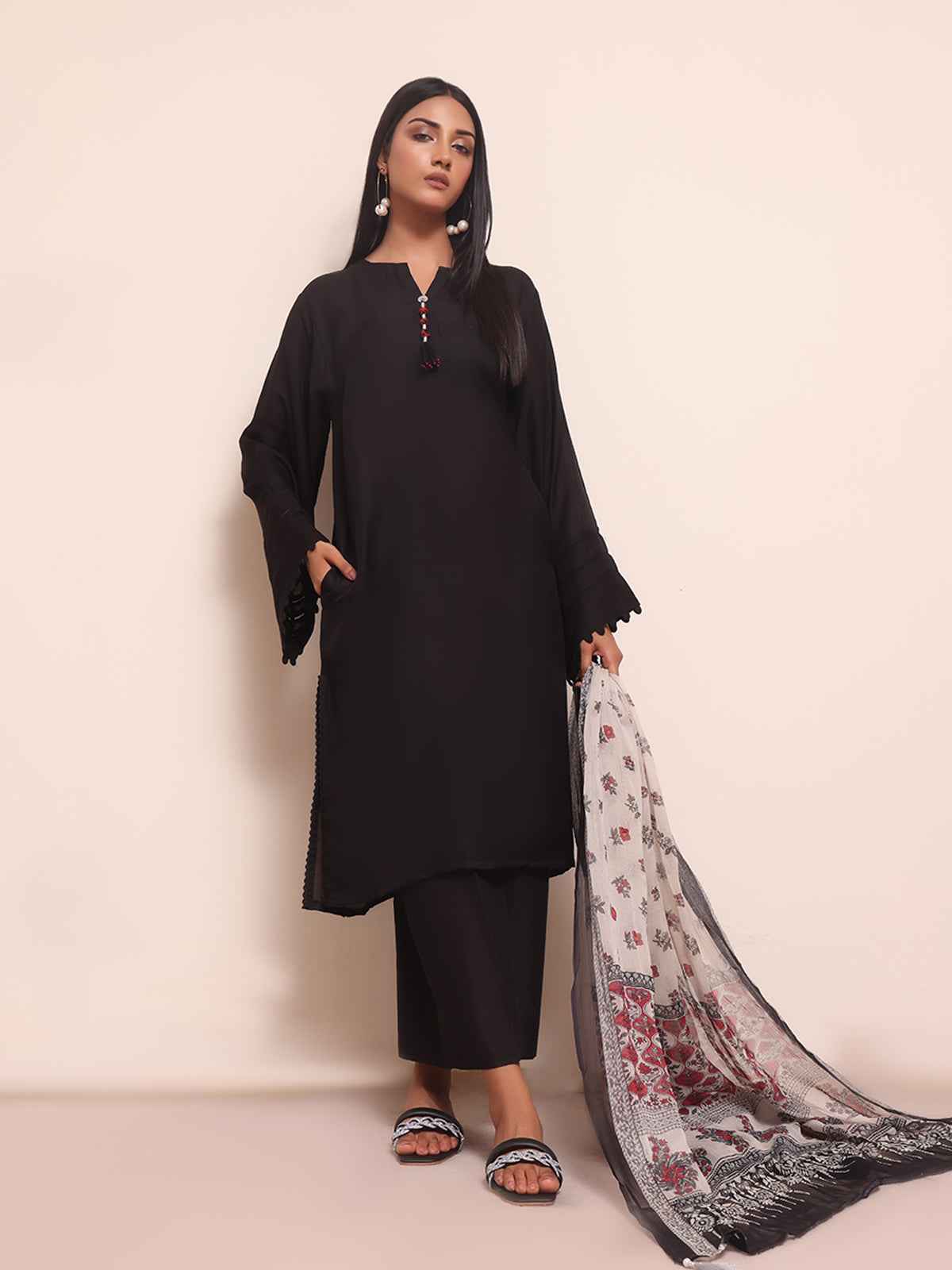 2Pc Solid Pret Shirt Dupatta Yarn Dyed Black - OW2PG-2309014