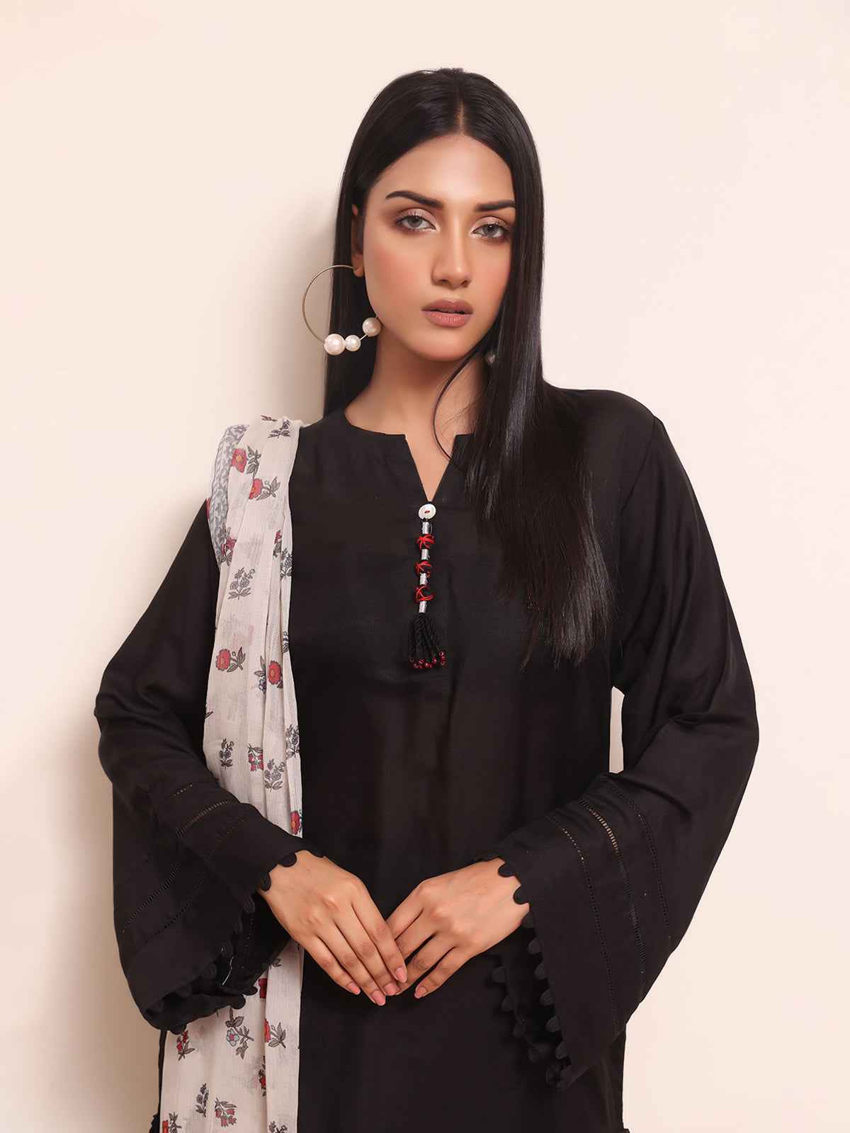 2Pc Solid Pret Shirt Dupatta Yarn Dyed Black - OW2PG-2309014
