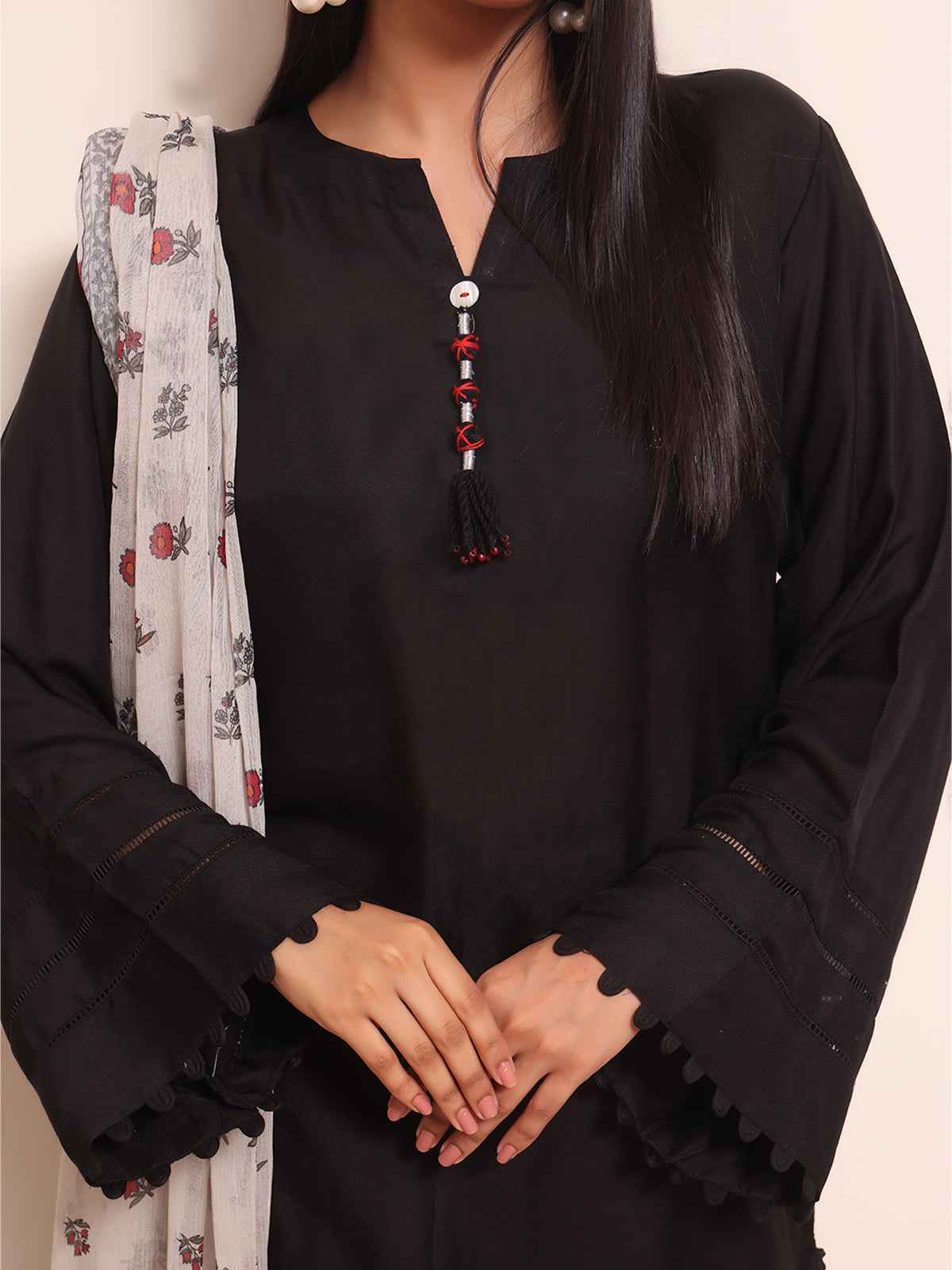 2Pc Solid Pret Shirt Dupatta Yarn Dyed Black - OW2PG-2309014
