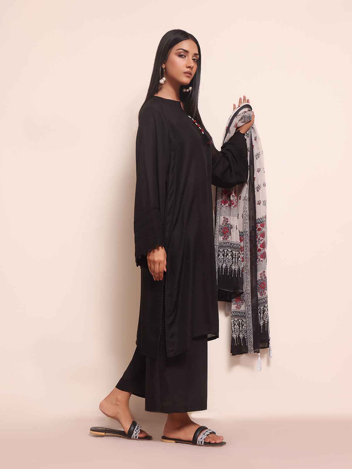 2Pc Solid Pret Shirt Dupatta Yarn Dyed Black - OW2PG-2309014