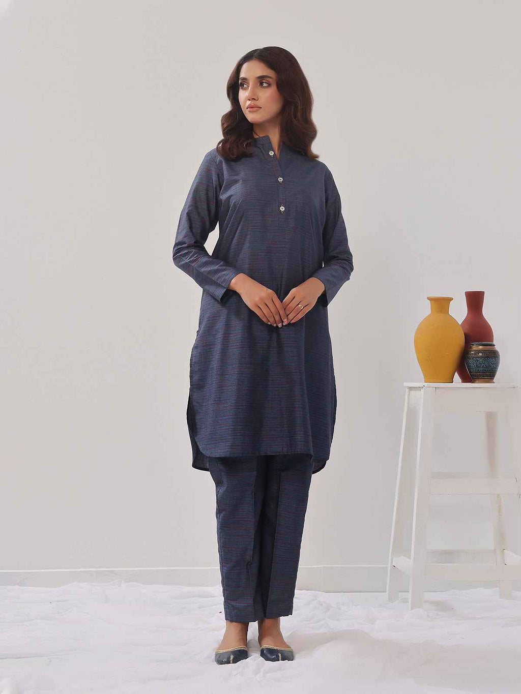 2PCs Solid Pret Shirt Trouser Yarn Dyed Light Blue - OW2PG-2406005