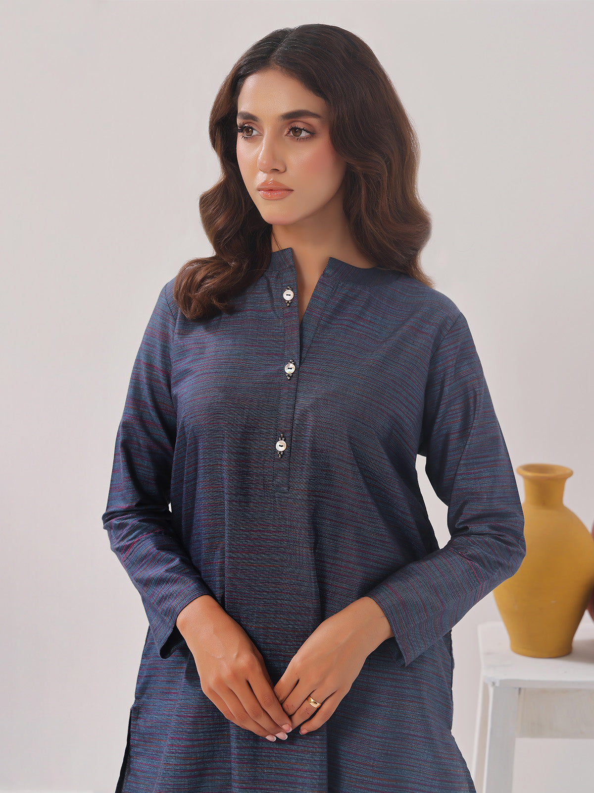 2PCs Solid Pret Shirt Trouser Yarn Dyed Light Blue - OW2PG-2406005