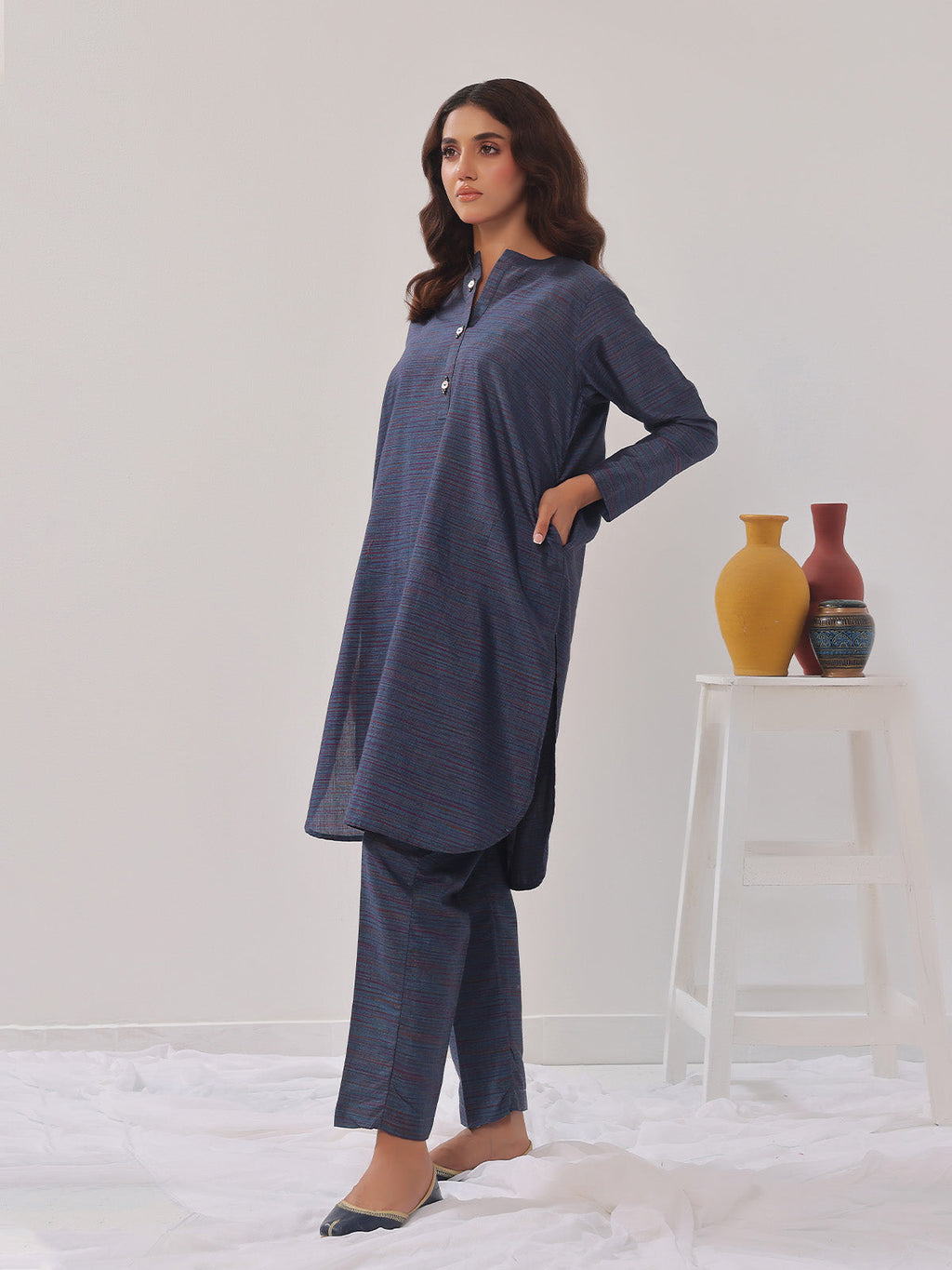 2PCs Solid Pret Shirt Trouser Yarn Dyed Light Blue - OW2PG-2406005