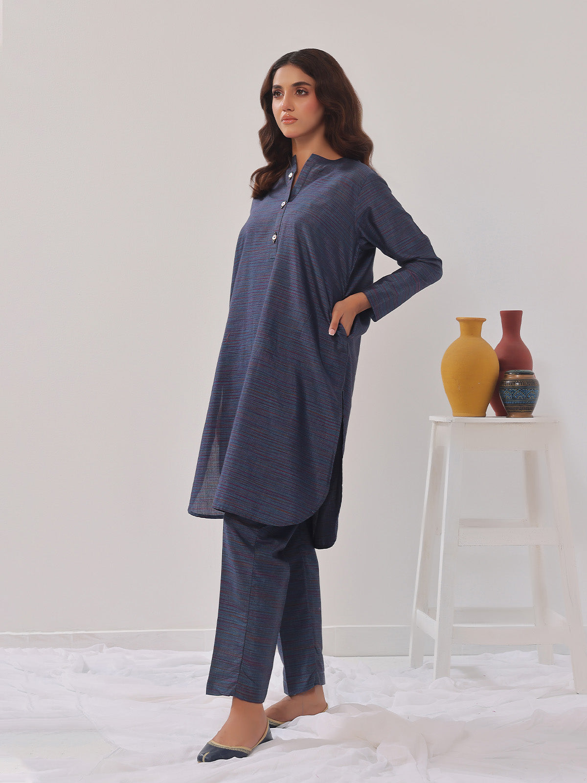 2PCs Solid Pret Shirt Trouser Yarn Dyed Light Blue - OW2PG-2406005