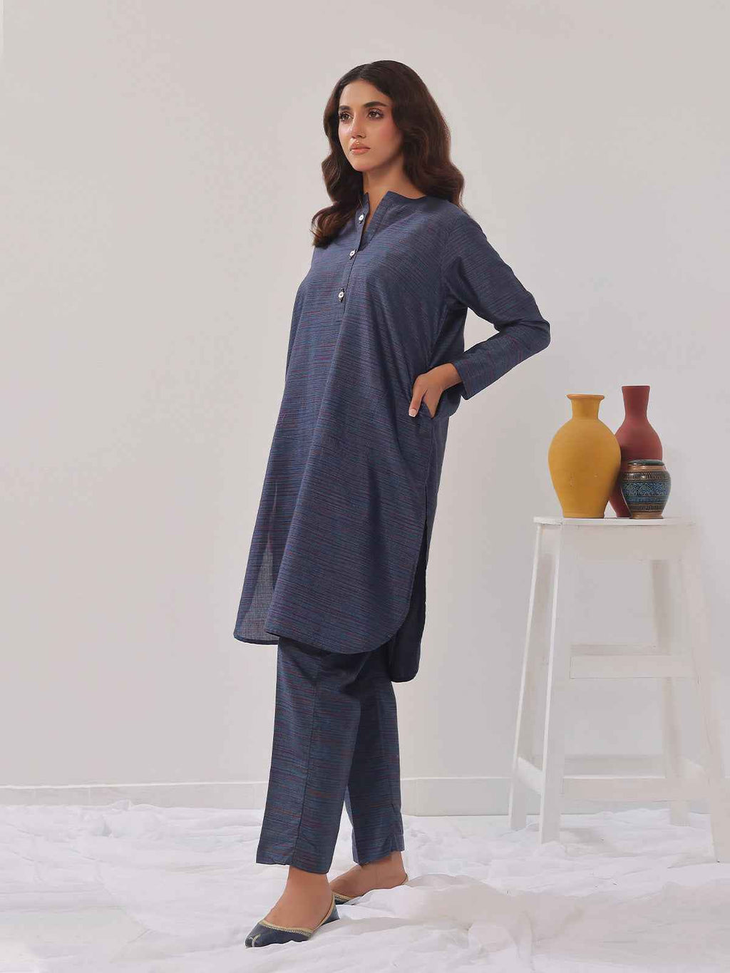 2PCs Solid Pret Shirt Trouser Yarn Dyed Light Blue - OW2PG-2406005