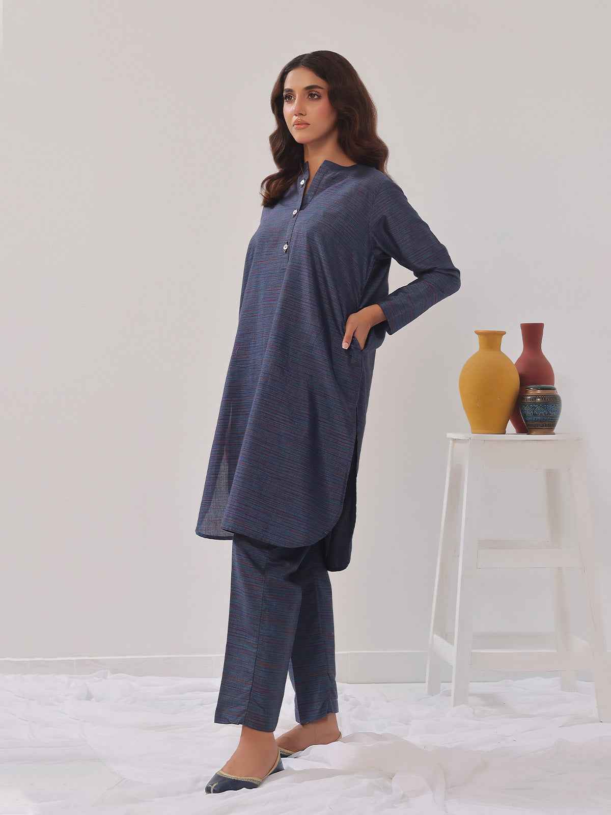 2PCs Solid Pret Shirt Trouser Yarn Dyed Light Blue - OW2PG-2406005