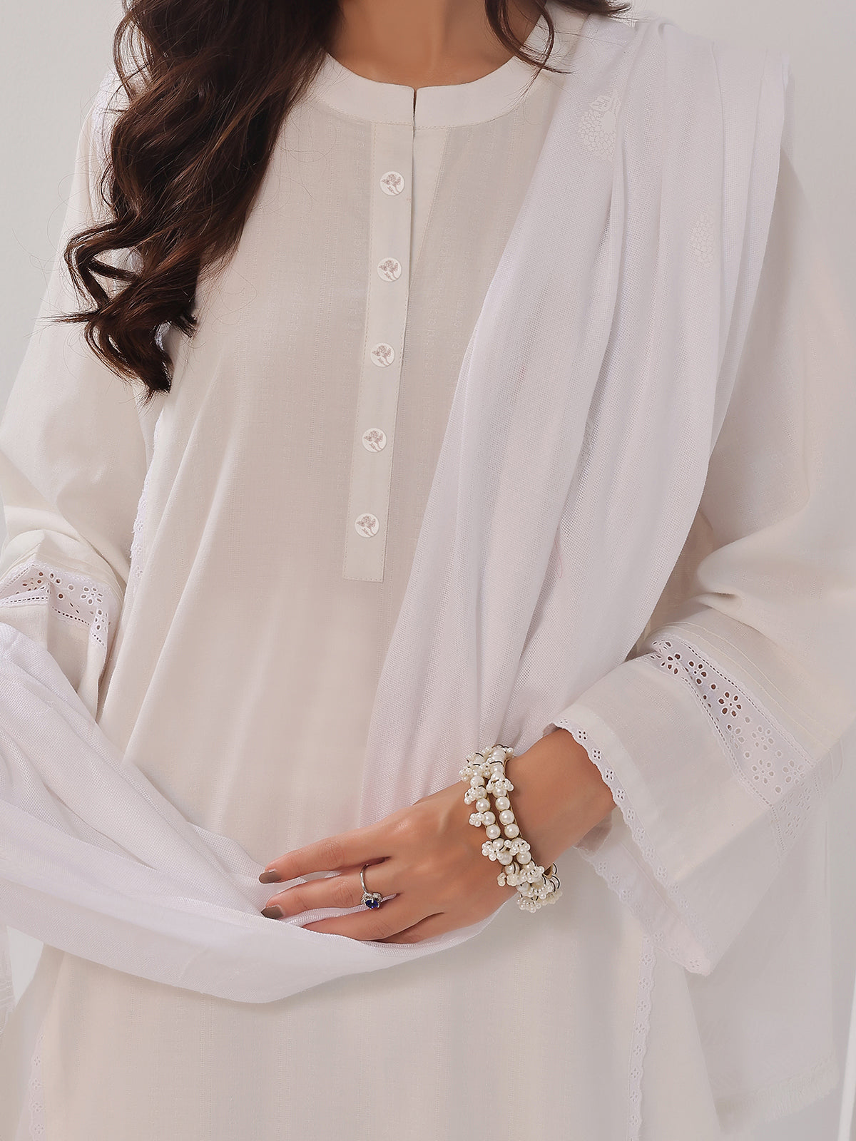 3Pc Solid Suit Pret Jacquard Off White - OW3PG-2405032