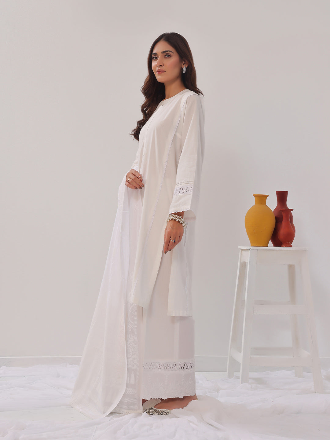 3Pc Solid Suit Pret Jacquard Off White - OW3PG-2405032