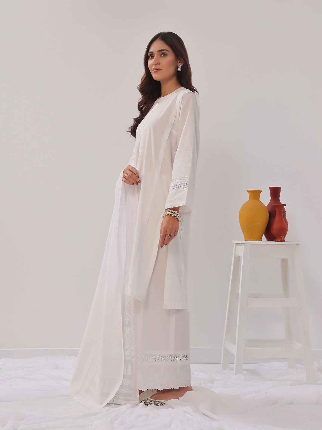 3Pc Solid Suit Pret Jacquard Off White - OW3PG-2405032