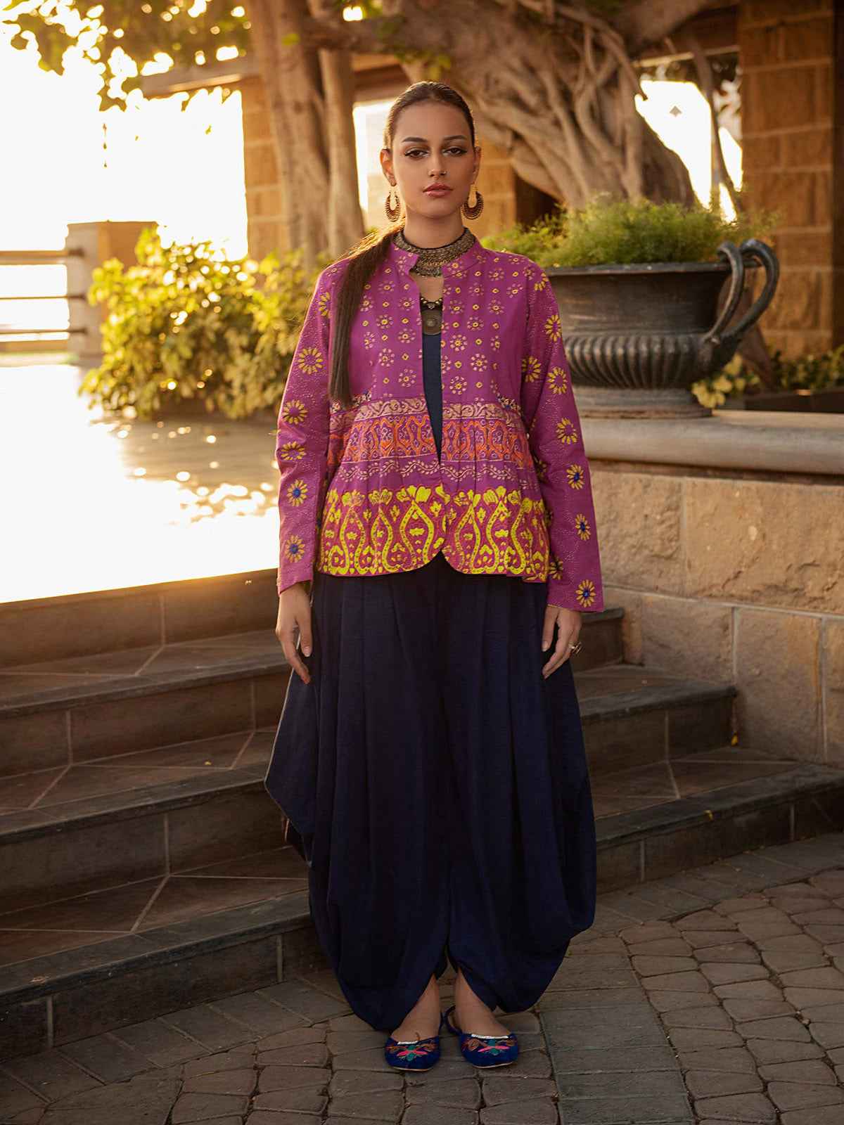 1Pc Embroidered Fusion Top Cotton Purple & Green - OWEC-2012303