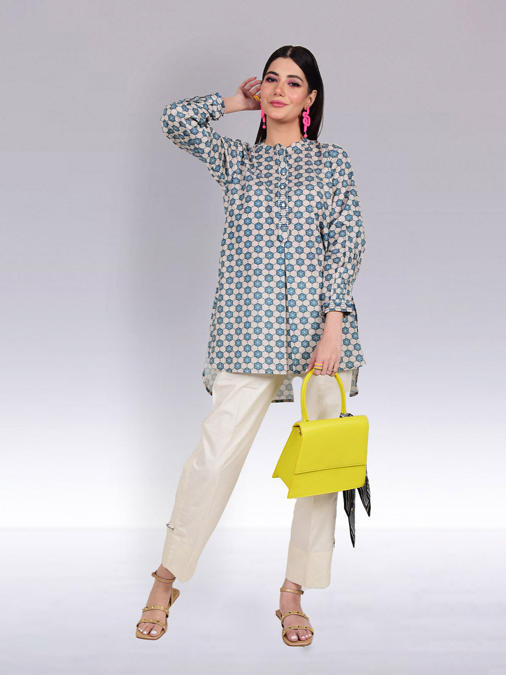 1Pc Printed Fusion Top Lawn Beige & Blue - OWTP-2302019