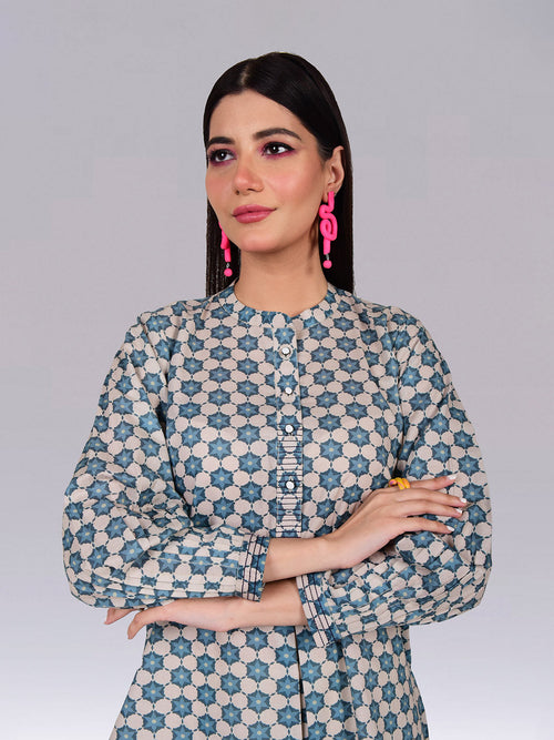 1Pc Printed Fusion Top Lawn Beige & Blue - OWTP-2302019
