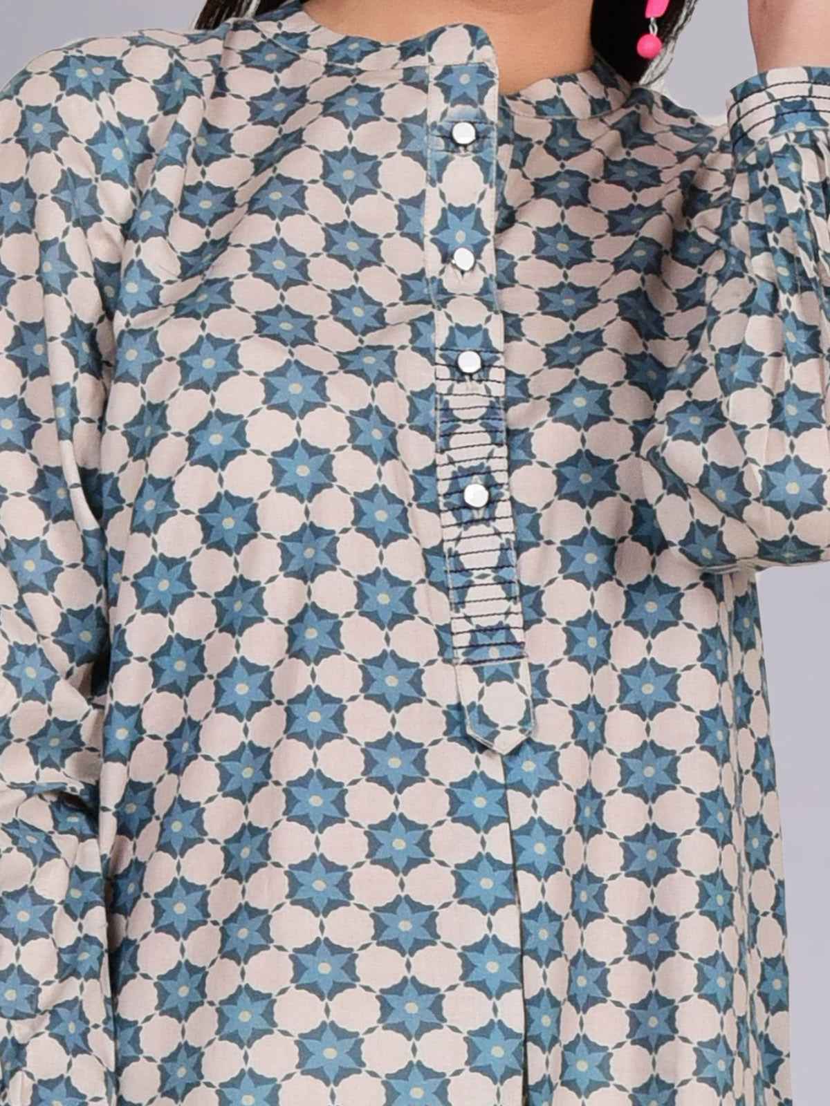 1Pc Printed Fusion Top Lawn Beige & Blue - OWTP-2302019