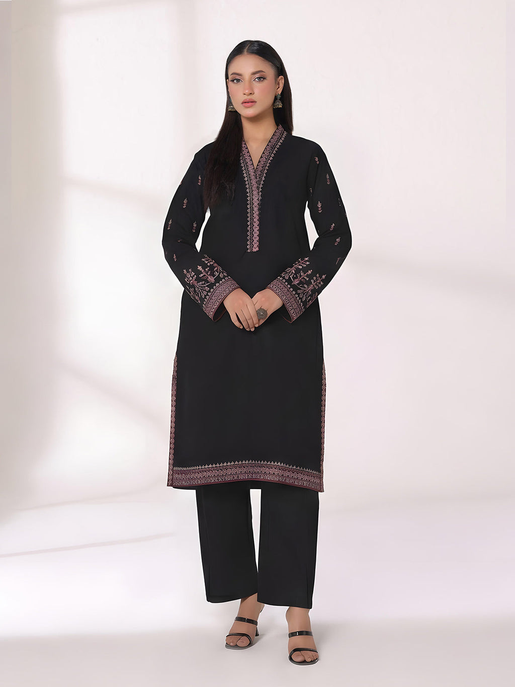 1Pc Embroidered Pret Kurti Dyed Khaddar Black - OWEKTG-25006-1