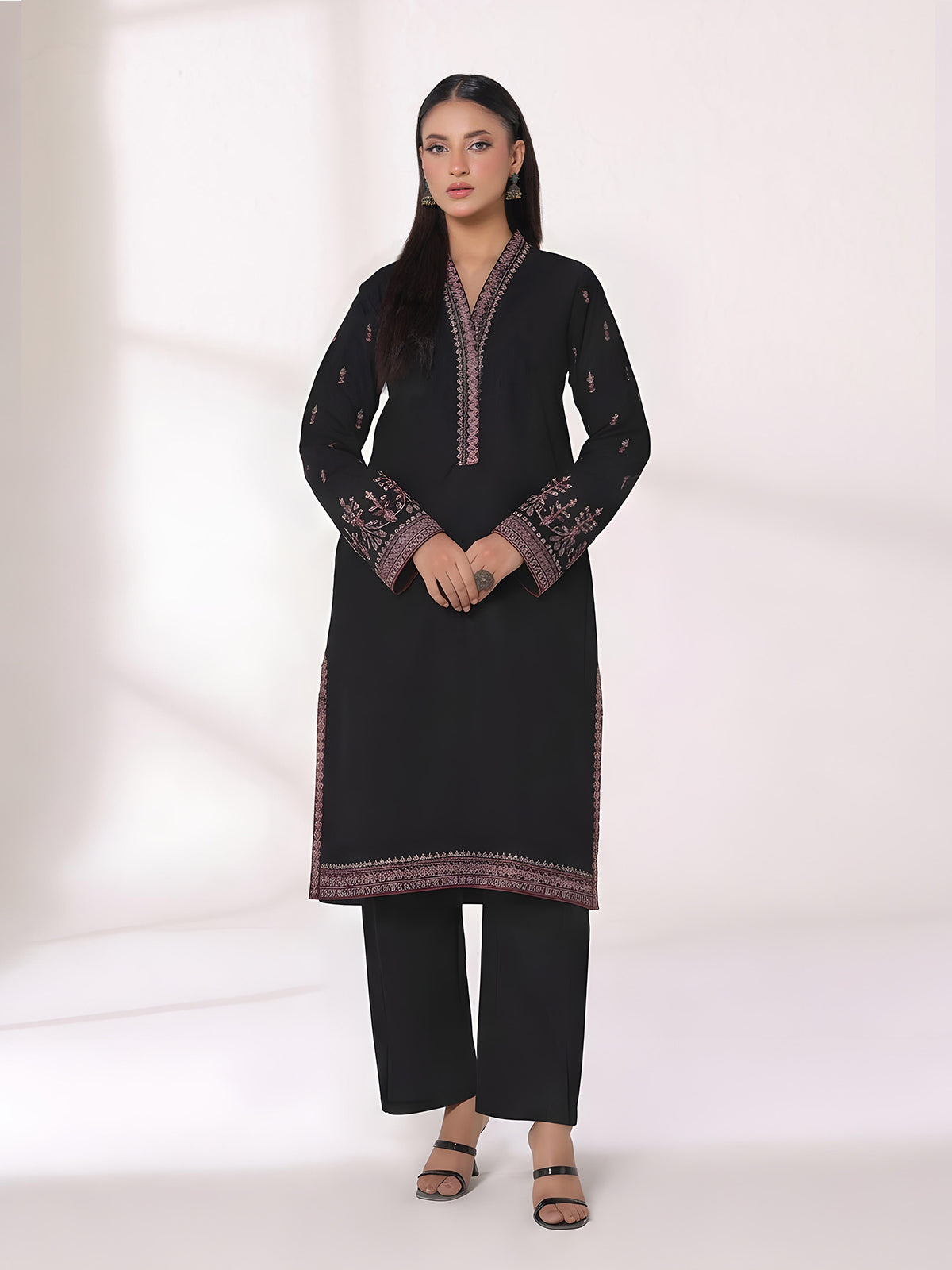 1Pc Embroidered Pret Kurti Dyed Khaddar Black - OWEKTG-25006-1