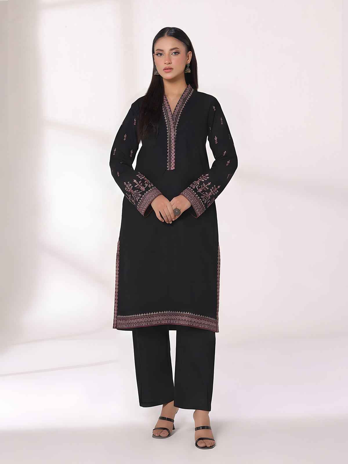 1Pc Embroidered Pret Kurti Dyed Khaddar Black - OWEKTG-25006-1