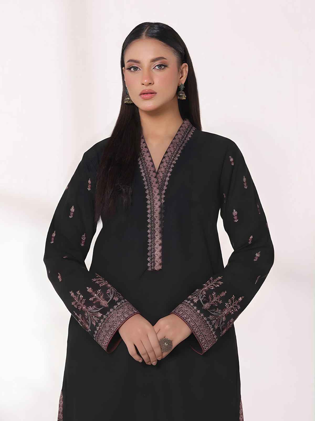 1Pc Embroidered Pret Kurti Dyed Khaddar Black - OWEKTG-25006-1