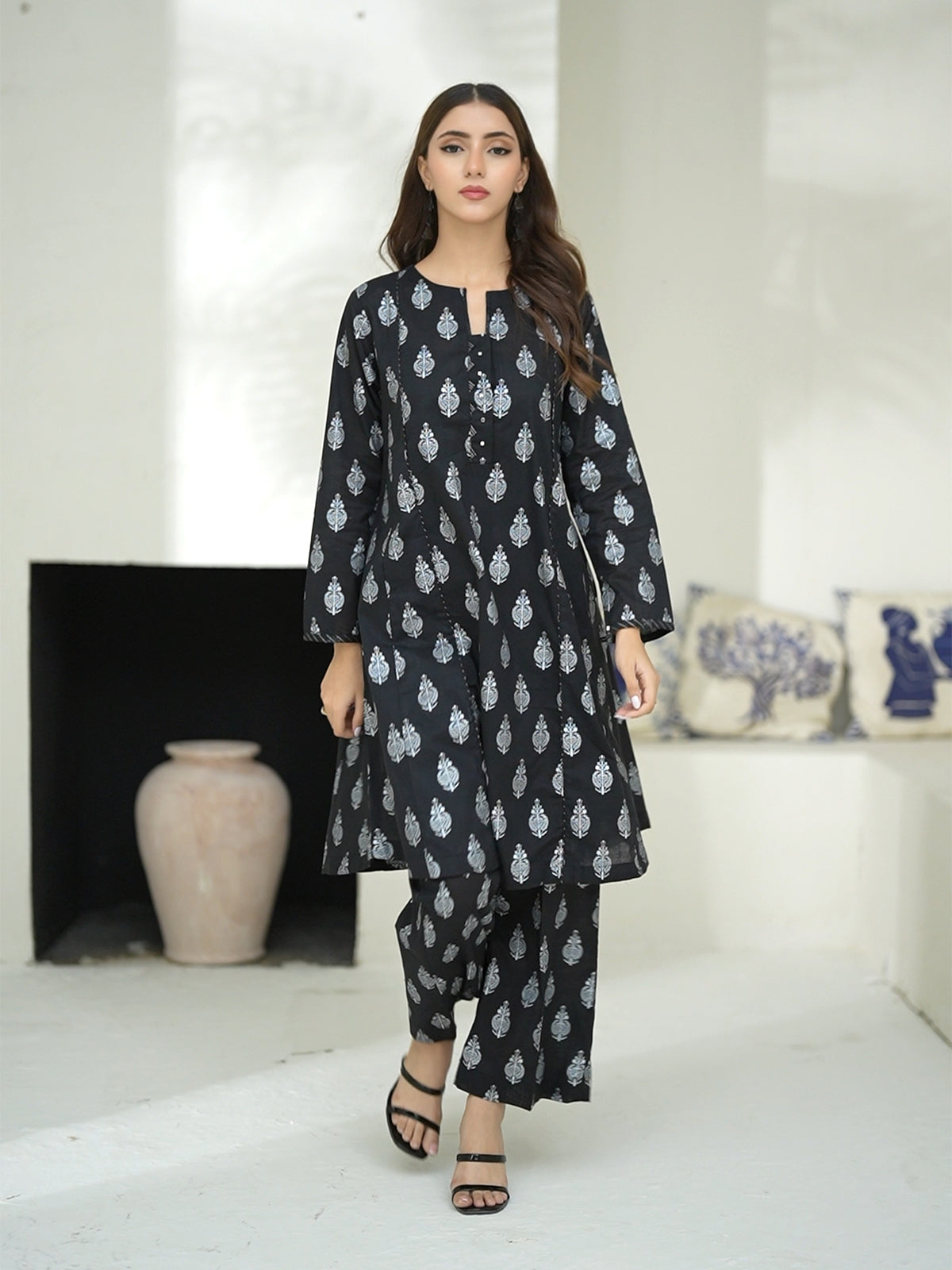 2Pc Screen Print Pret Shirt Trouser Cambric Black - OW2P-2508018