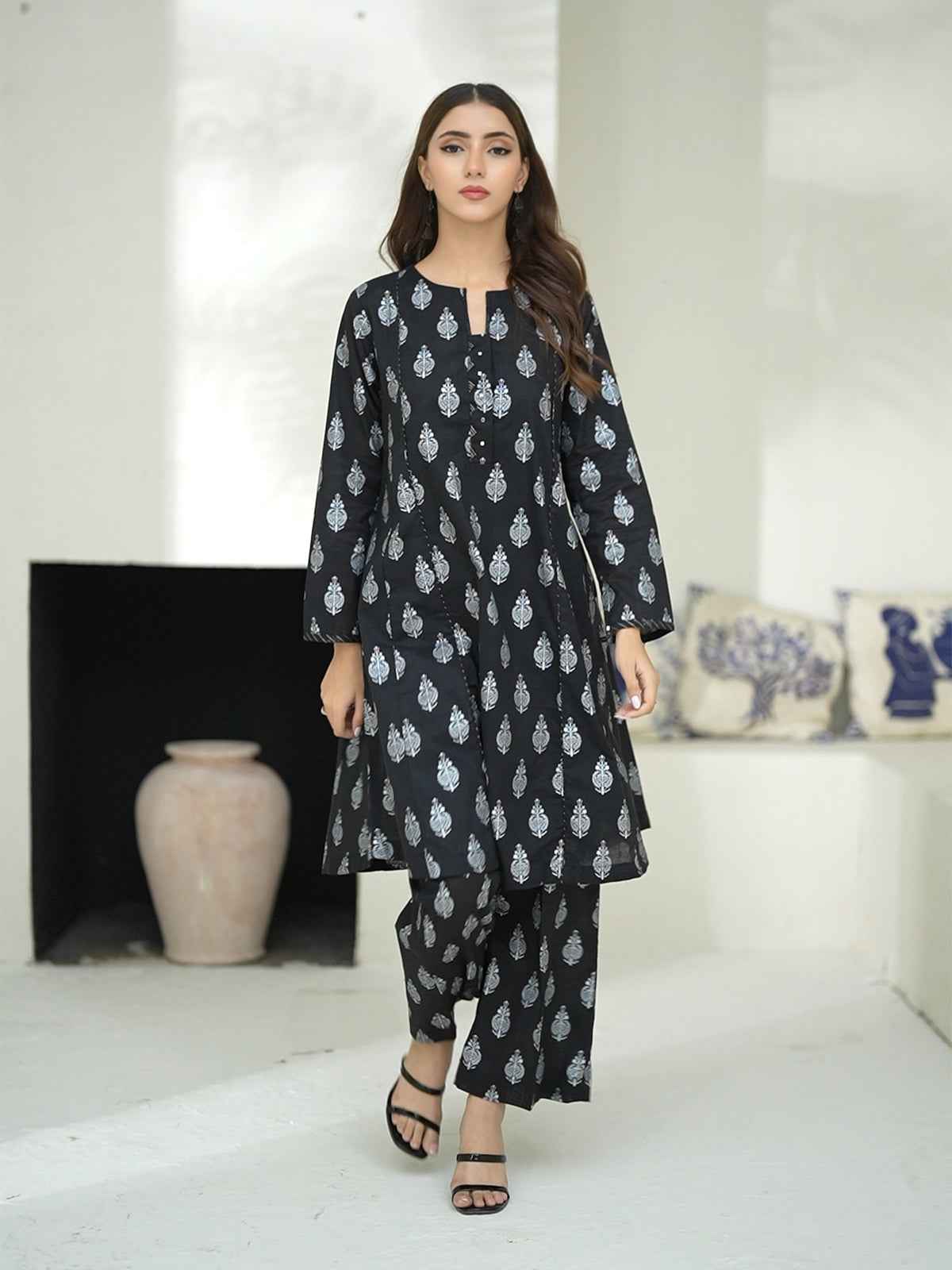 2Pc Screen Print Pret Shirt Trouser Cambric Black - OW2P-2508018