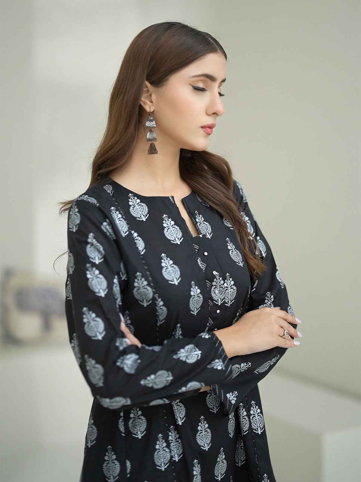 2Pc Screen Print Pret Shirt Trouser Cambric Black - OW2P-2508018