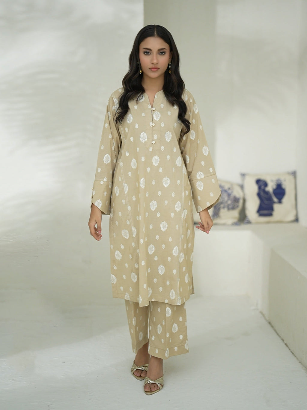 2Pc Screen Print Pret Shirt Trouser Cambric Beige - OW2P-2508020
