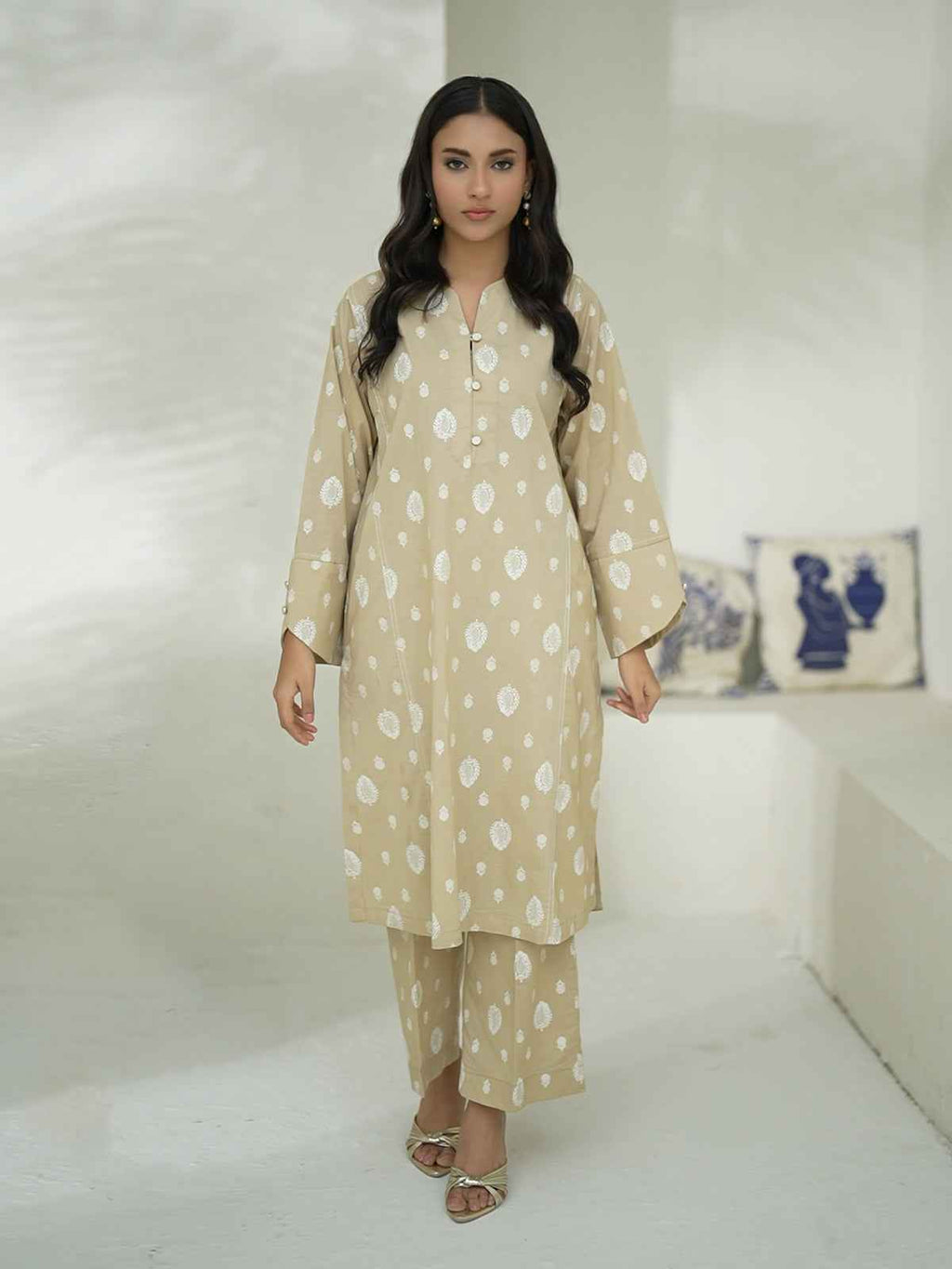 2Pc Screen Print Pret Shirt Trouser Cambric Beige - OW2P-2508020