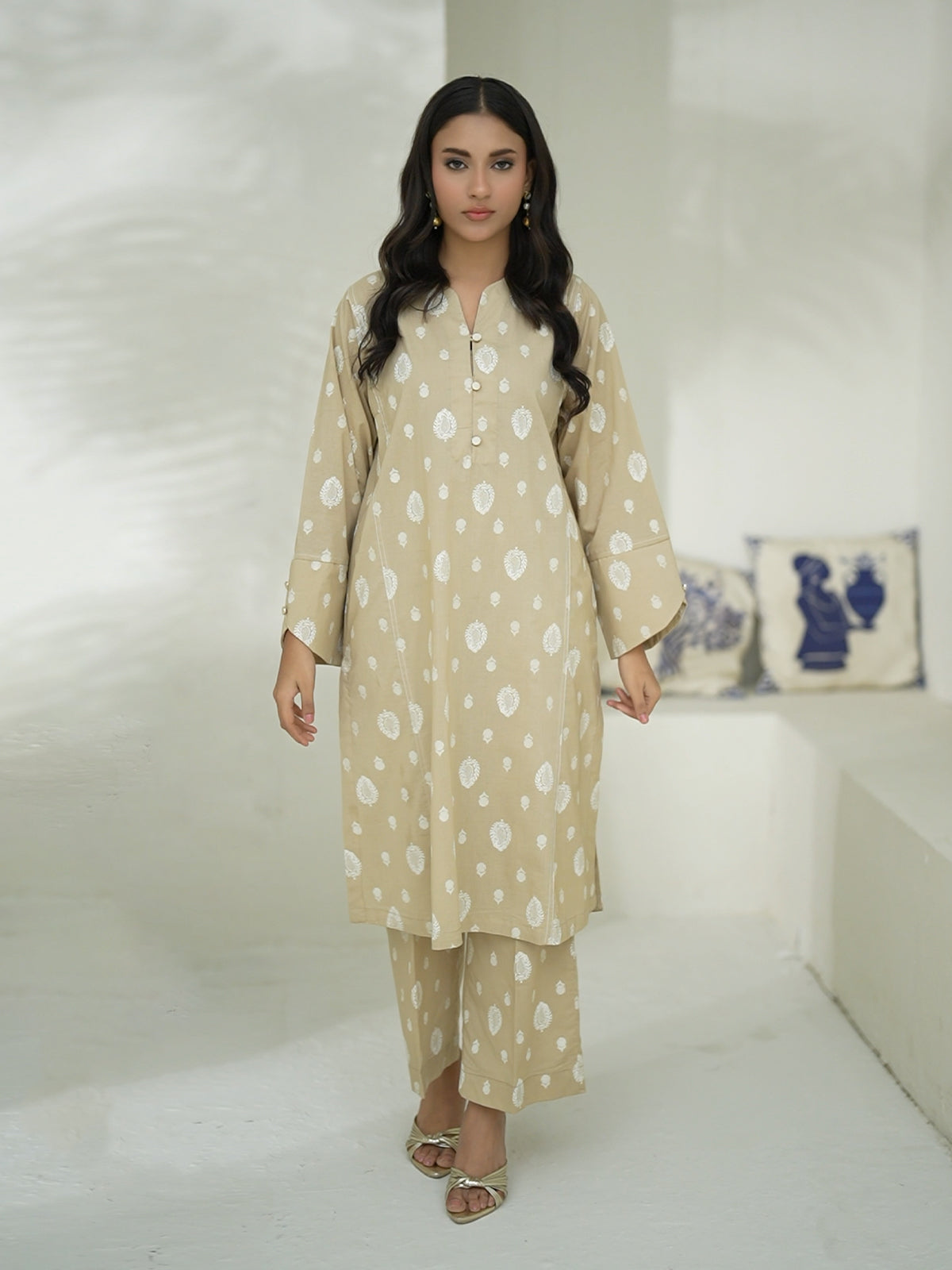 2Pc Screen Print Pret Shirt Trouser Cambric Beige - OW2P-2508020