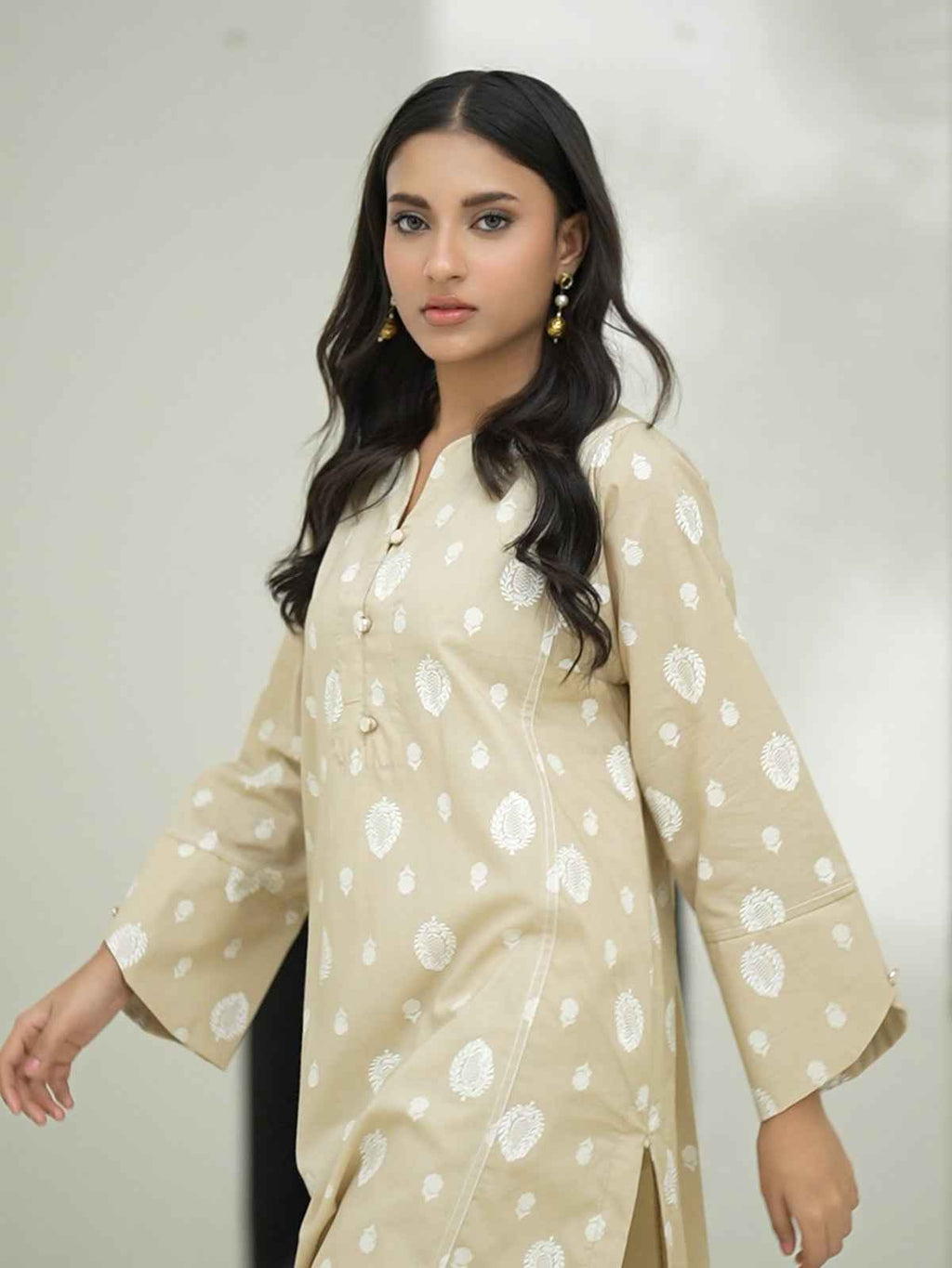 2Pc Screen Print Pret Shirt Trouser Cambric Beige - OW2P-2508020