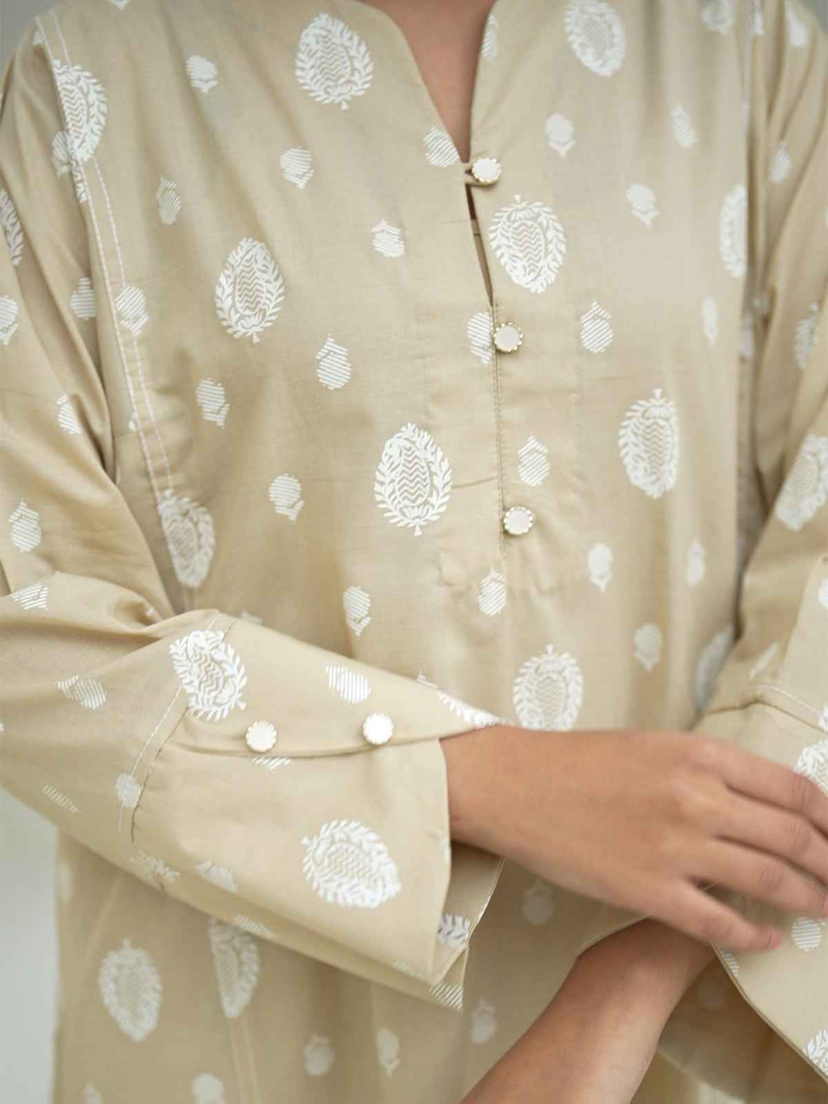 2Pc Screen Print Pret Shirt Trouser Cambric Beige - OW2P-2508020
