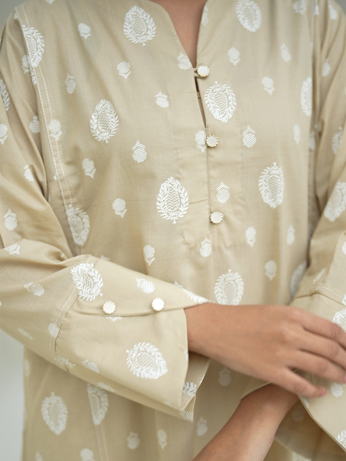 2Pc Screen Print Pret Shirt Trouser Cambric Beige - OW2P-2508020