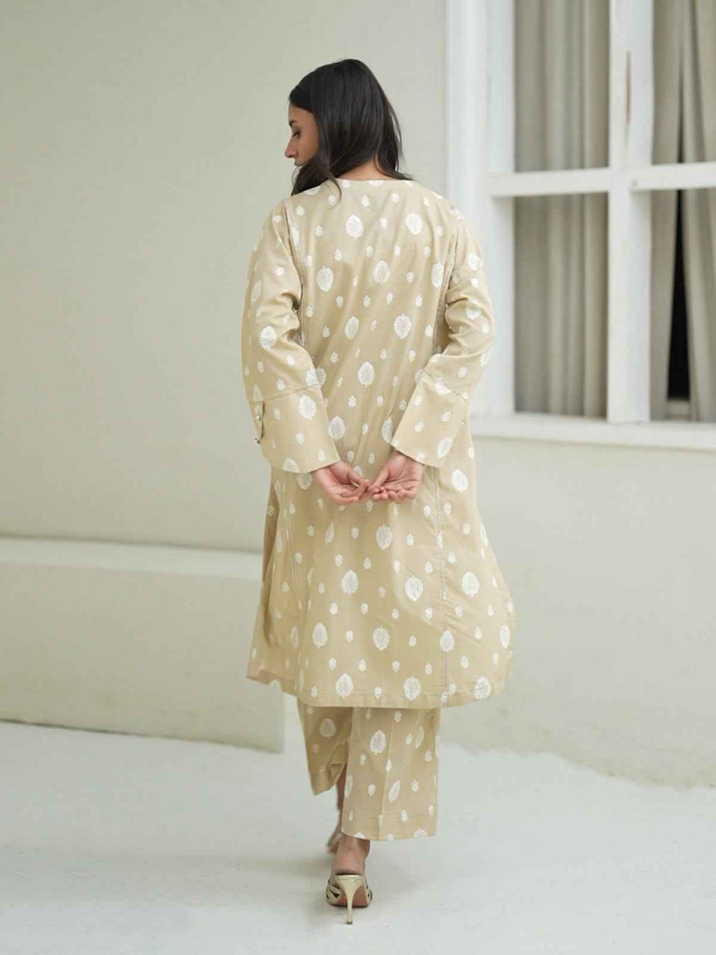 2Pc Screen Print Pret Shirt Trouser Cambric Beige - OW2P-2508020