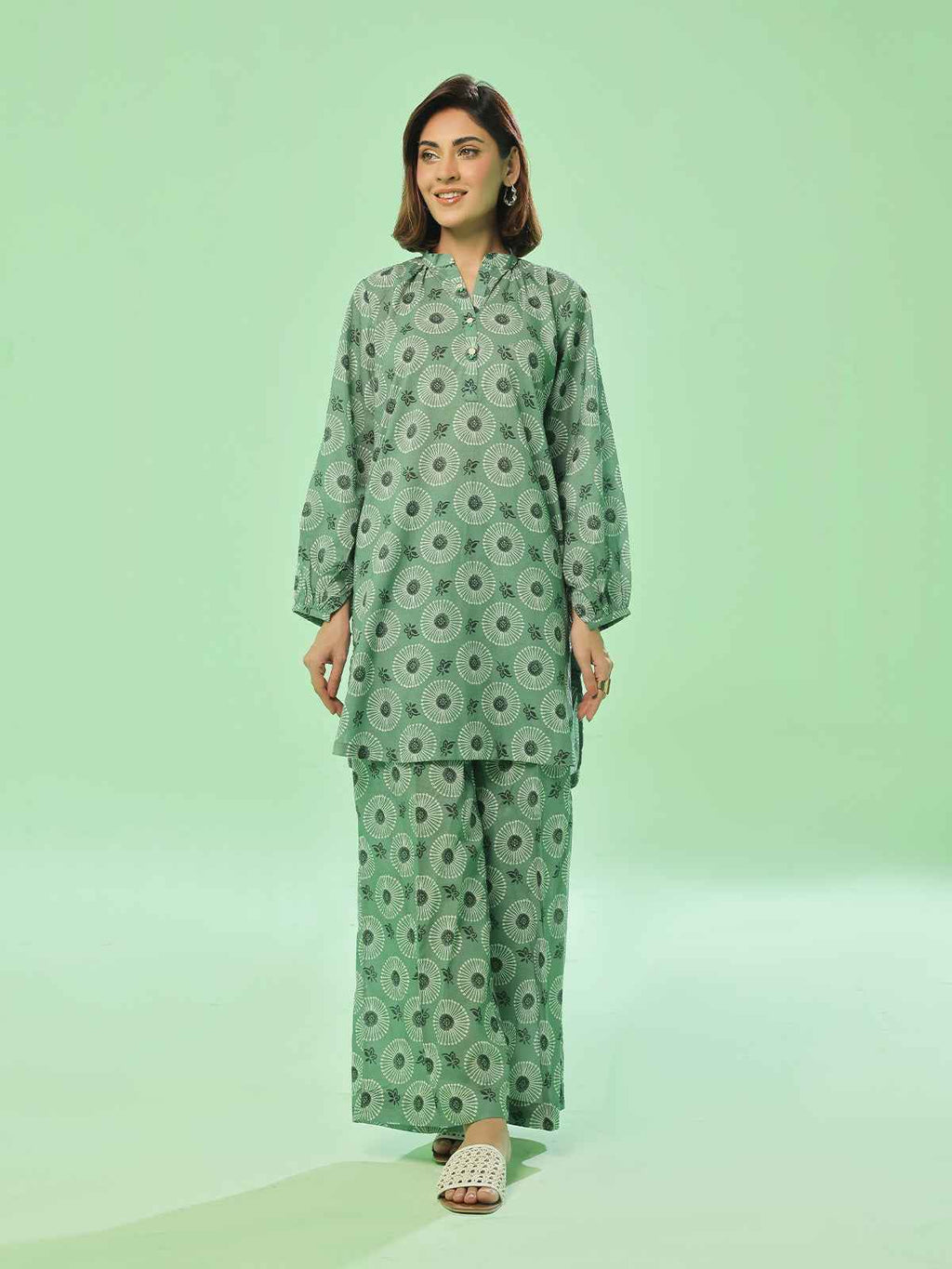 2Pc Printed Unstitched Shirt Trouser Lawn Green - OL2PT-6351-A