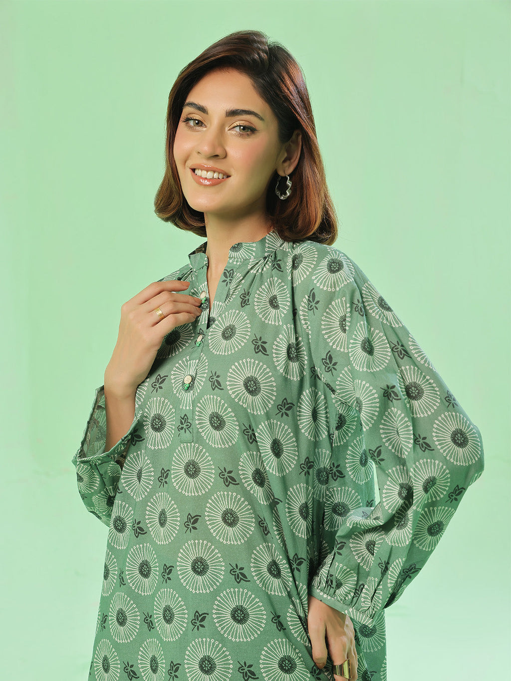 2Pc Printed Unstitched Shirt Trouser Lawn Green - OL2PT-6351-A