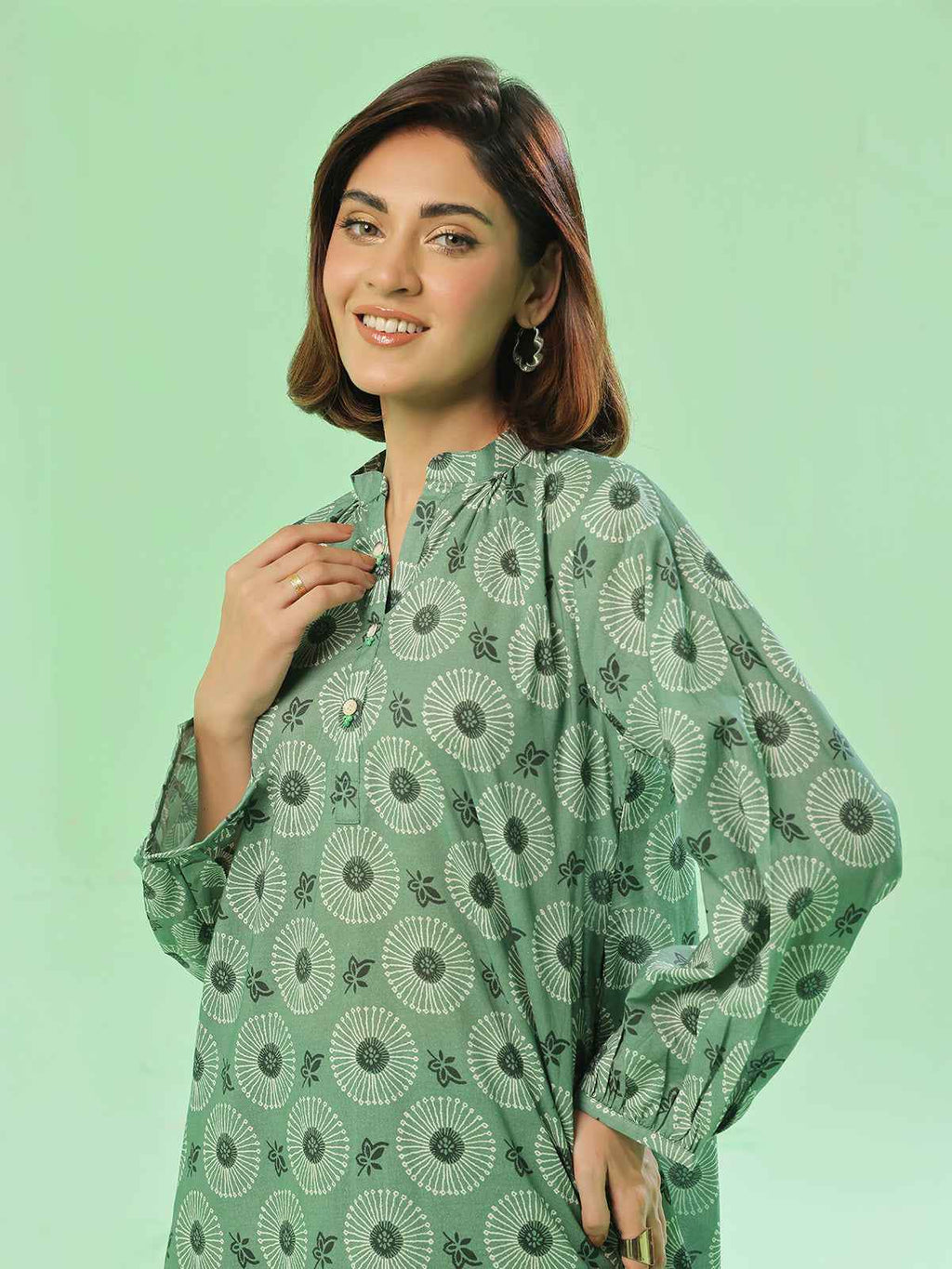 2Pc Printed Unstitched Shirt Trouser Lawn Green - OL2PT-6351-A