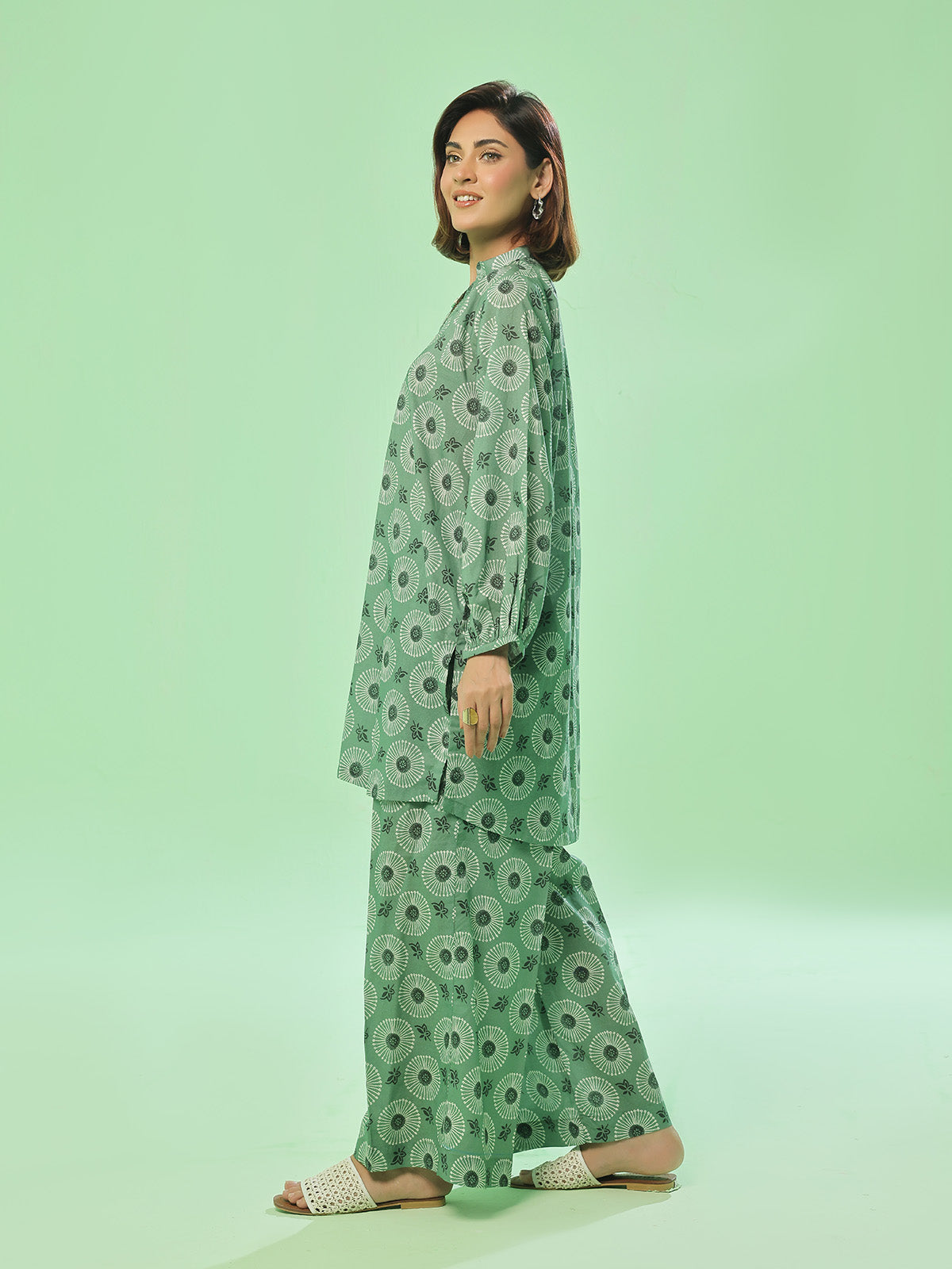 2Pc Printed Unstitched Shirt Trouser Lawn Green - OL2PT-6351-A