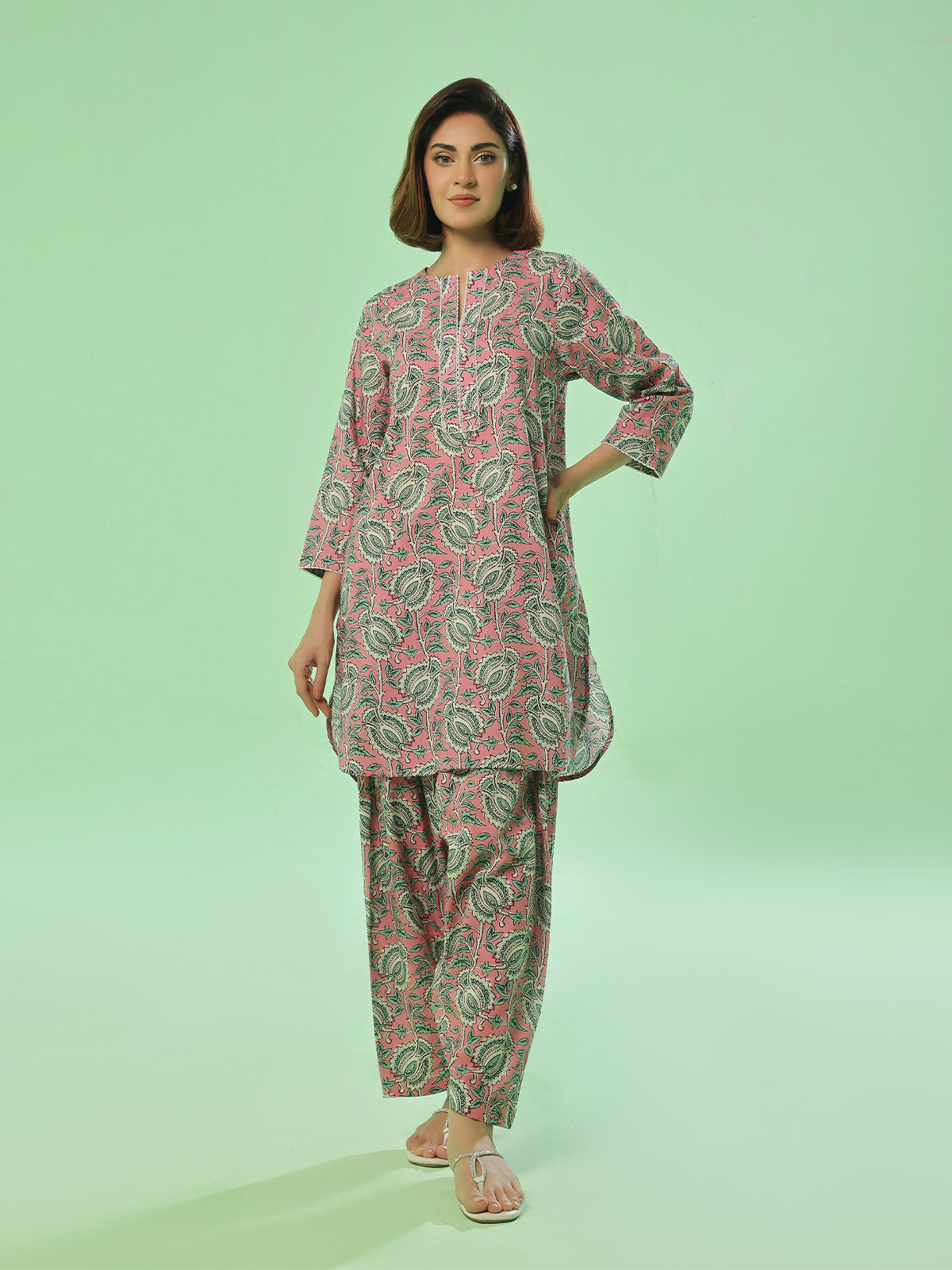 2Pc Printed Pret Shirt Trouser Lawn Pink & Green - OW2P-2505011
