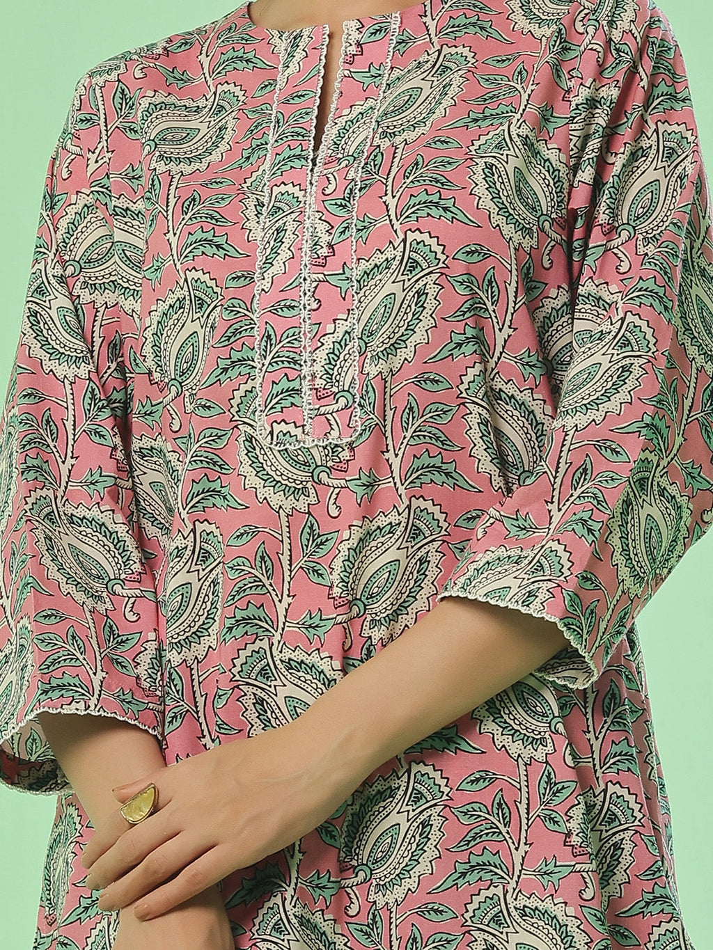 2Pc Printed Unstitched Shirt Trouser Lawn Pink & Green - OL2PT-6354-A