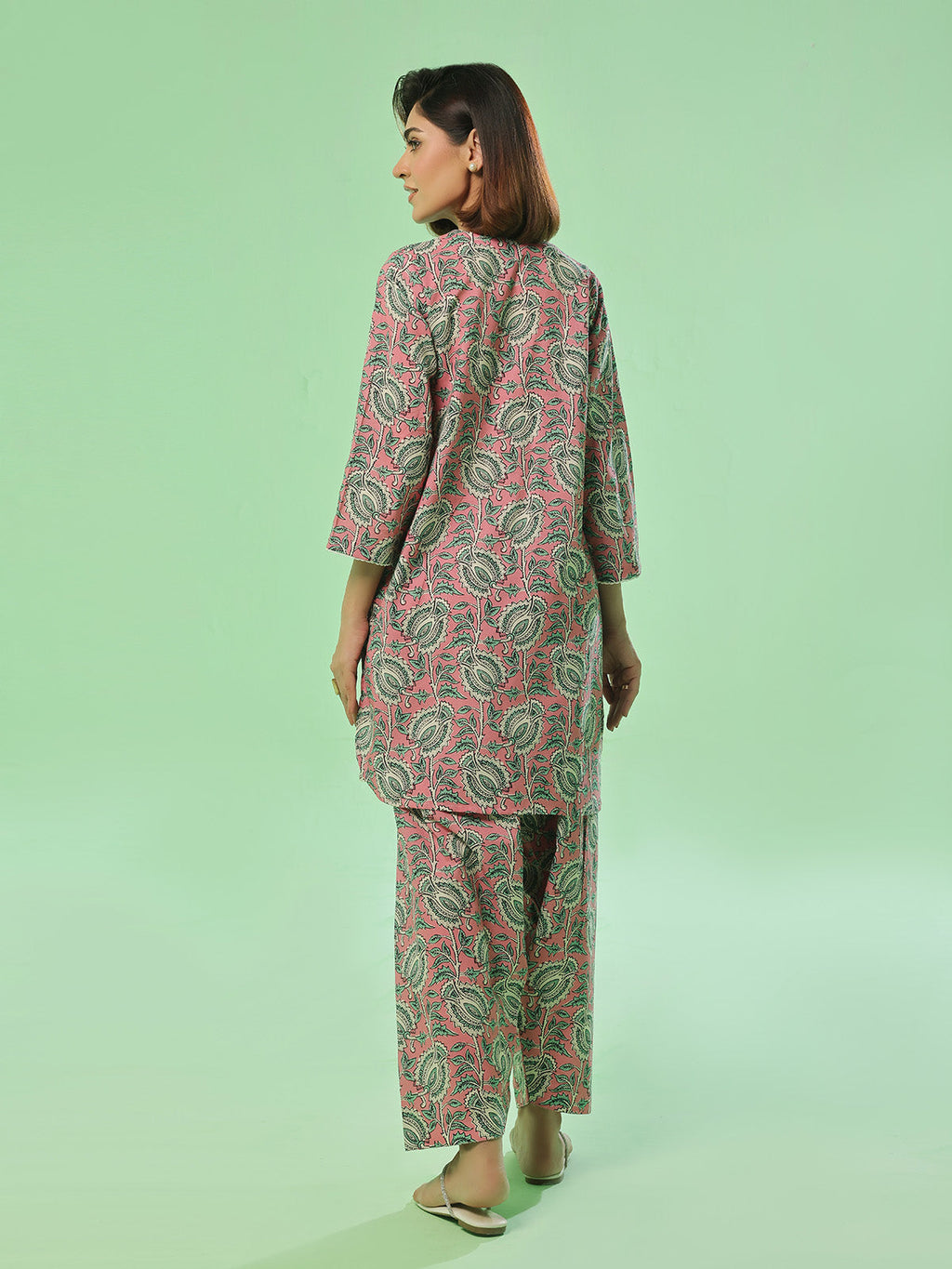 2Pc Printed Unstitched Shirt Trouser Lawn Pink & Green - OL2PT-6354-A