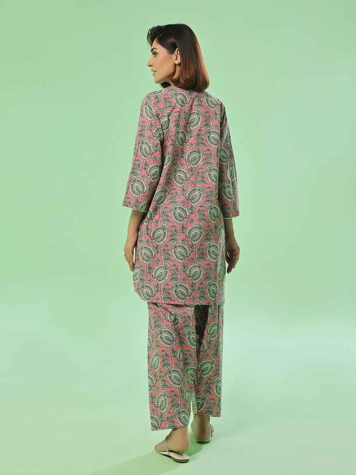 2Pc Printed Unstitched Shirt Trouser Lawn Pink & Green - OL2PT-6354-A