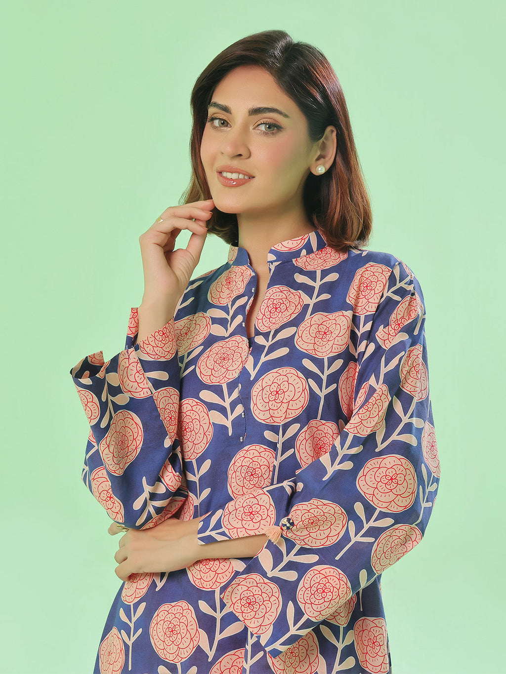 2Pc Printed Unstitched Shirt Trouser Lawn Blue & Peach - OL2PT-6361-A