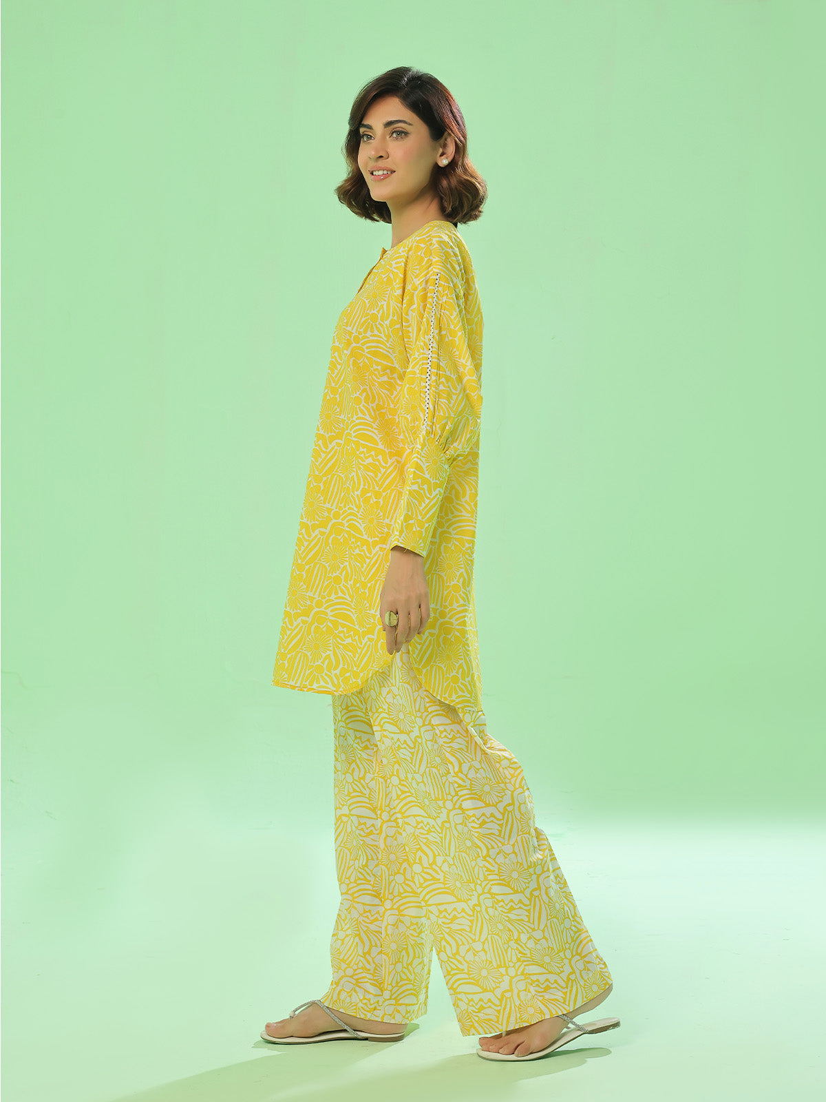 2Pc Printed Unstitched Shirt Trouser Lawn Yellow - OL2PT-6368-A