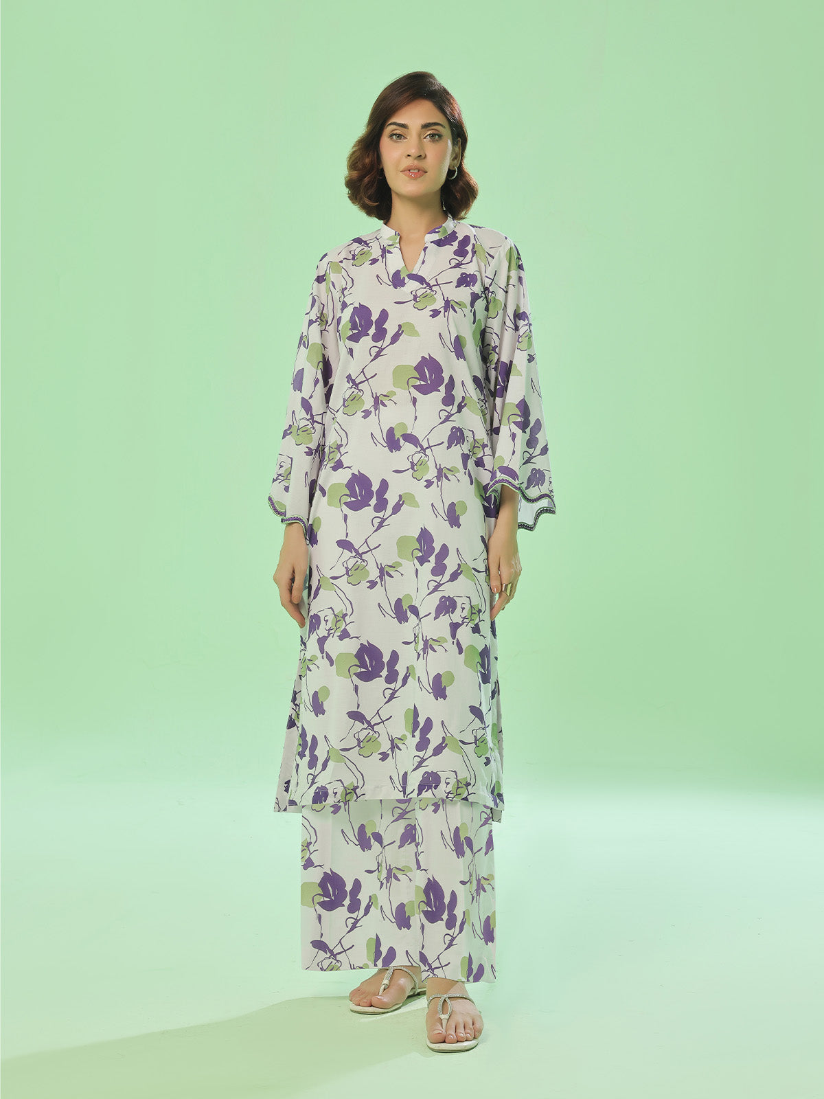 2Pc Printed Pret Shirt Trouser Lawn White & Purple - OW2P-2505032