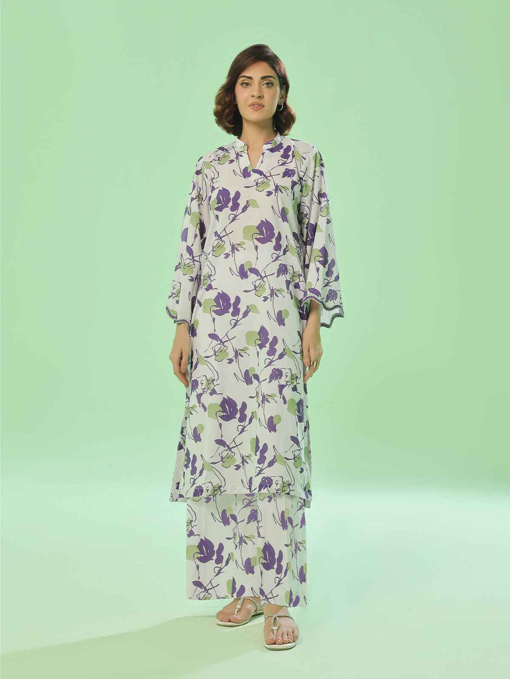 2Pc Printed Pret Shirt Trouser Lawn White & Purple - OW2P-2505032