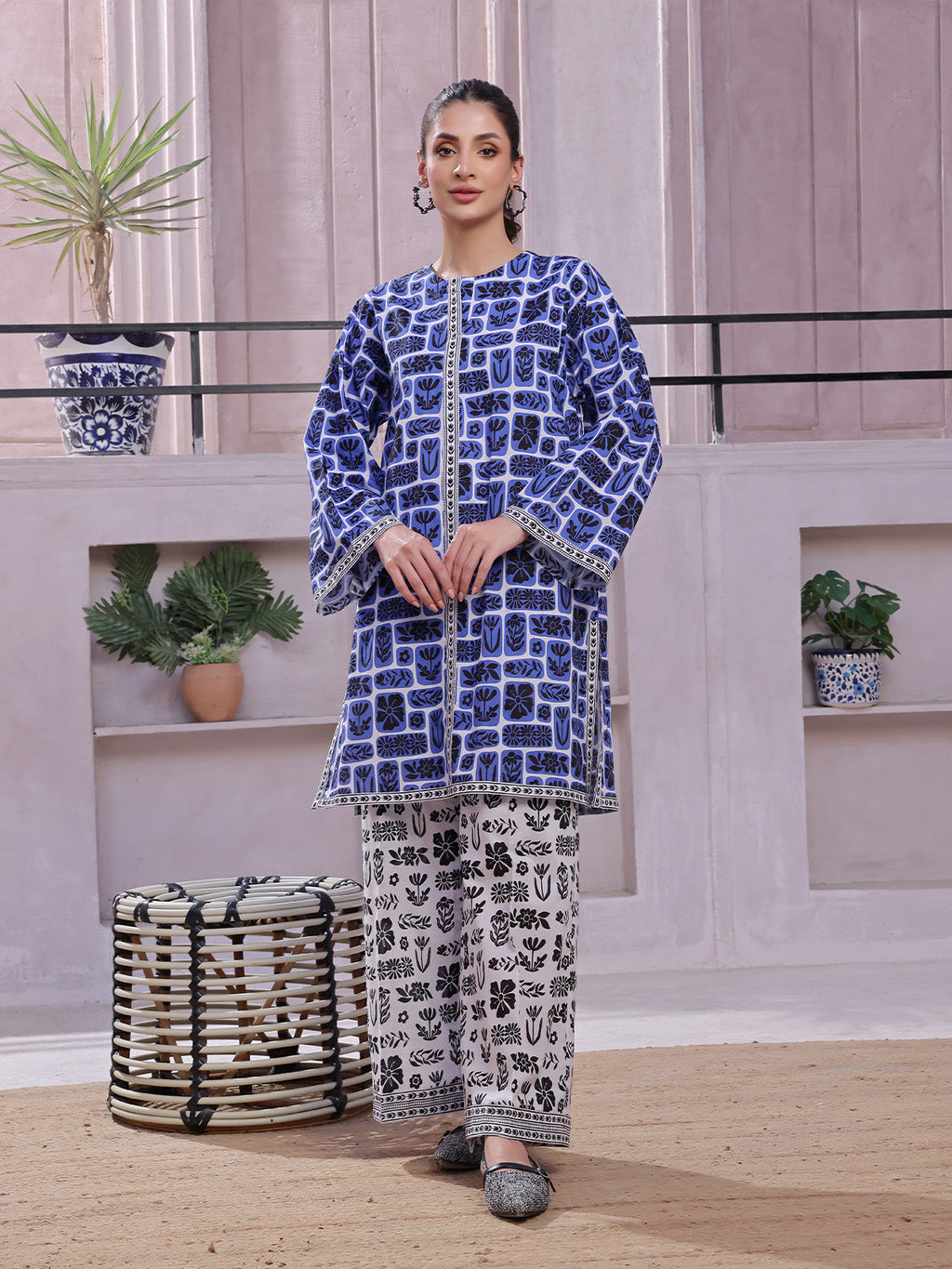 2Pc Printed Pret Shirt Trouser Lawn Blue & Black - OW2P-2505030
