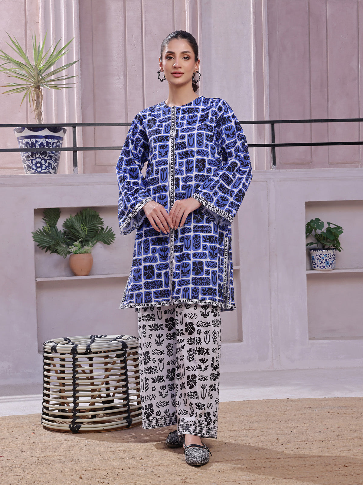 2Pc Printed Pret Shirt Trouser Lawn Blue & Black - OW2P-2505030